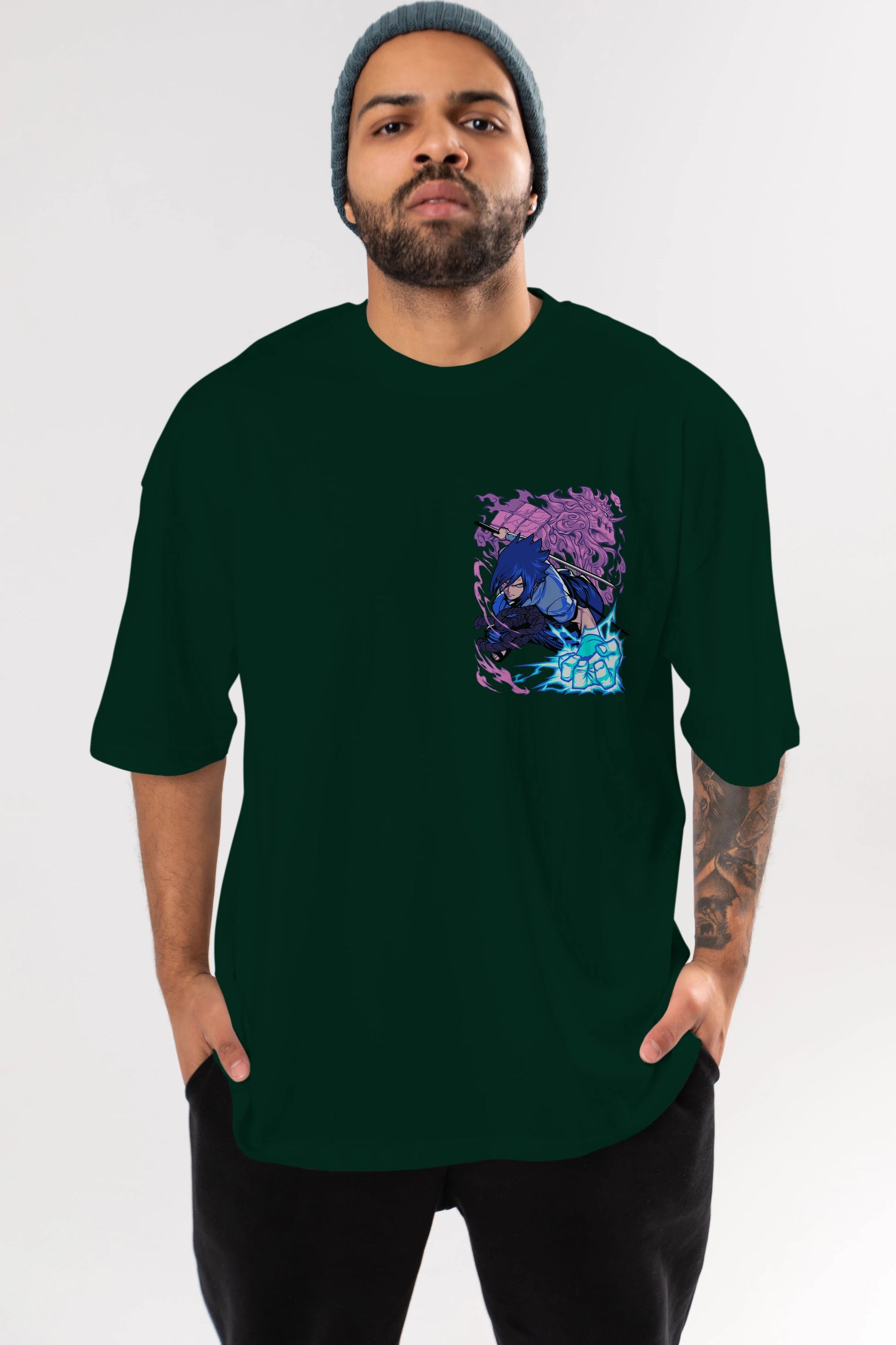 NARUTO SASUKE UCHIHA 2 Ön Sol Baskılı Oversize t-shirt Erkek Kadın Unisex %100 Pamuk Bisiklet Yaka tişort