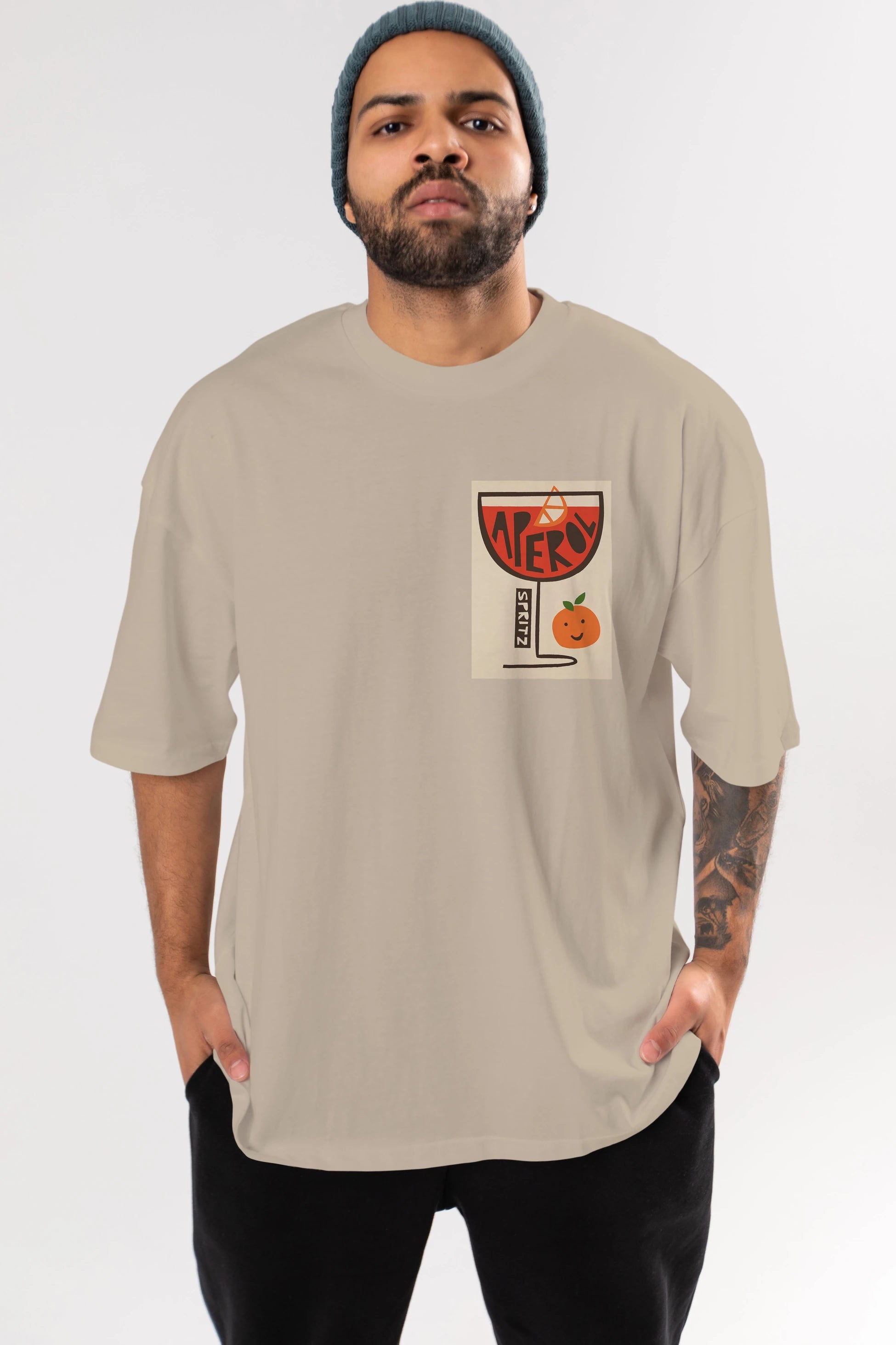 Aperol Spritz 9 Ön Sol Baskılı Oversize t-shirt Erkek Kadın Unisex %100 Pamuk Bisiklet Yaka tişort