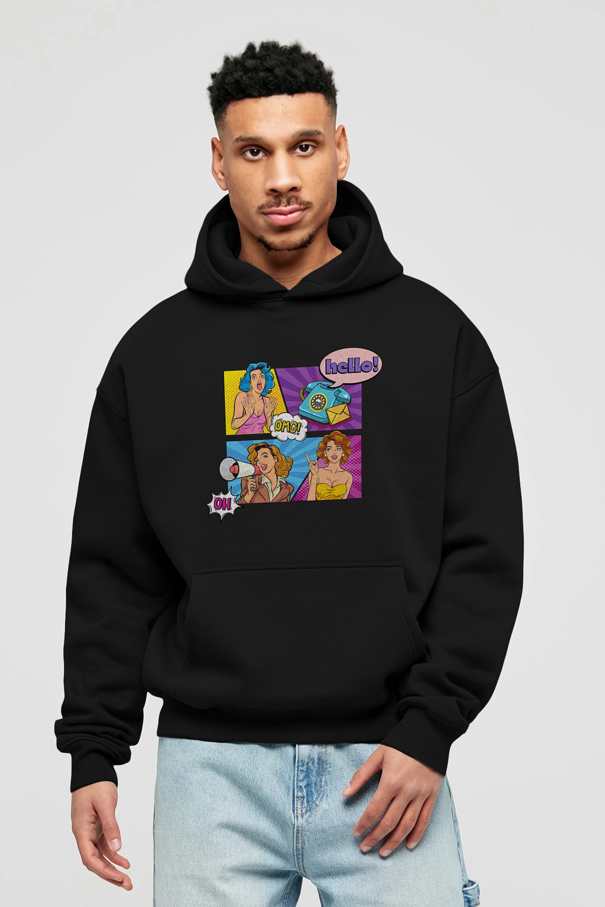 Hello OMG Ön Baskılı Oversize Hoodie Kapüşonlu Sweatshirt Erkek Kadın Unisex