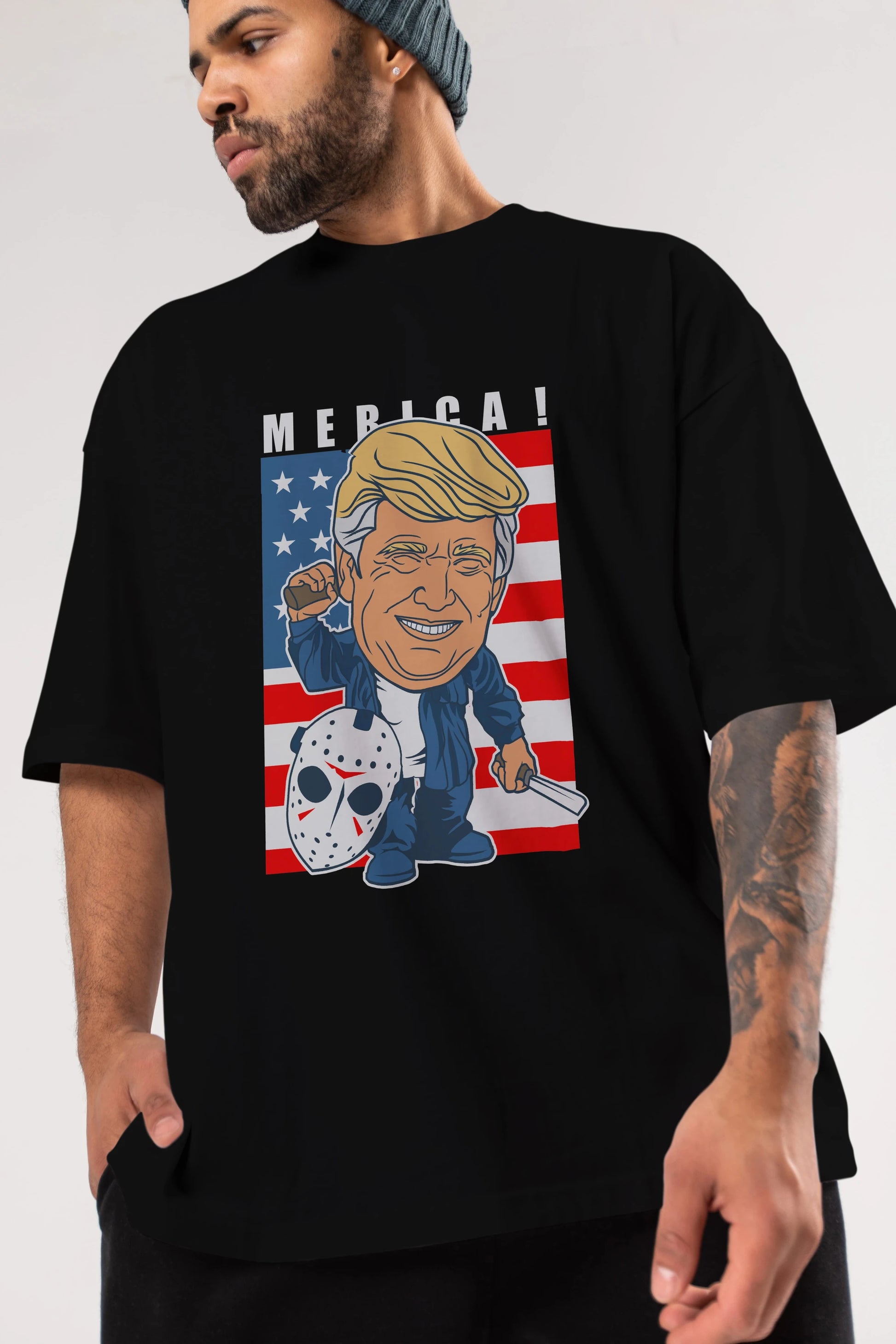 Jason Voorhess Trump Ön Baskılı Oversize t-shirt Erkek Kadın Unisex %100 Pamuk tişort