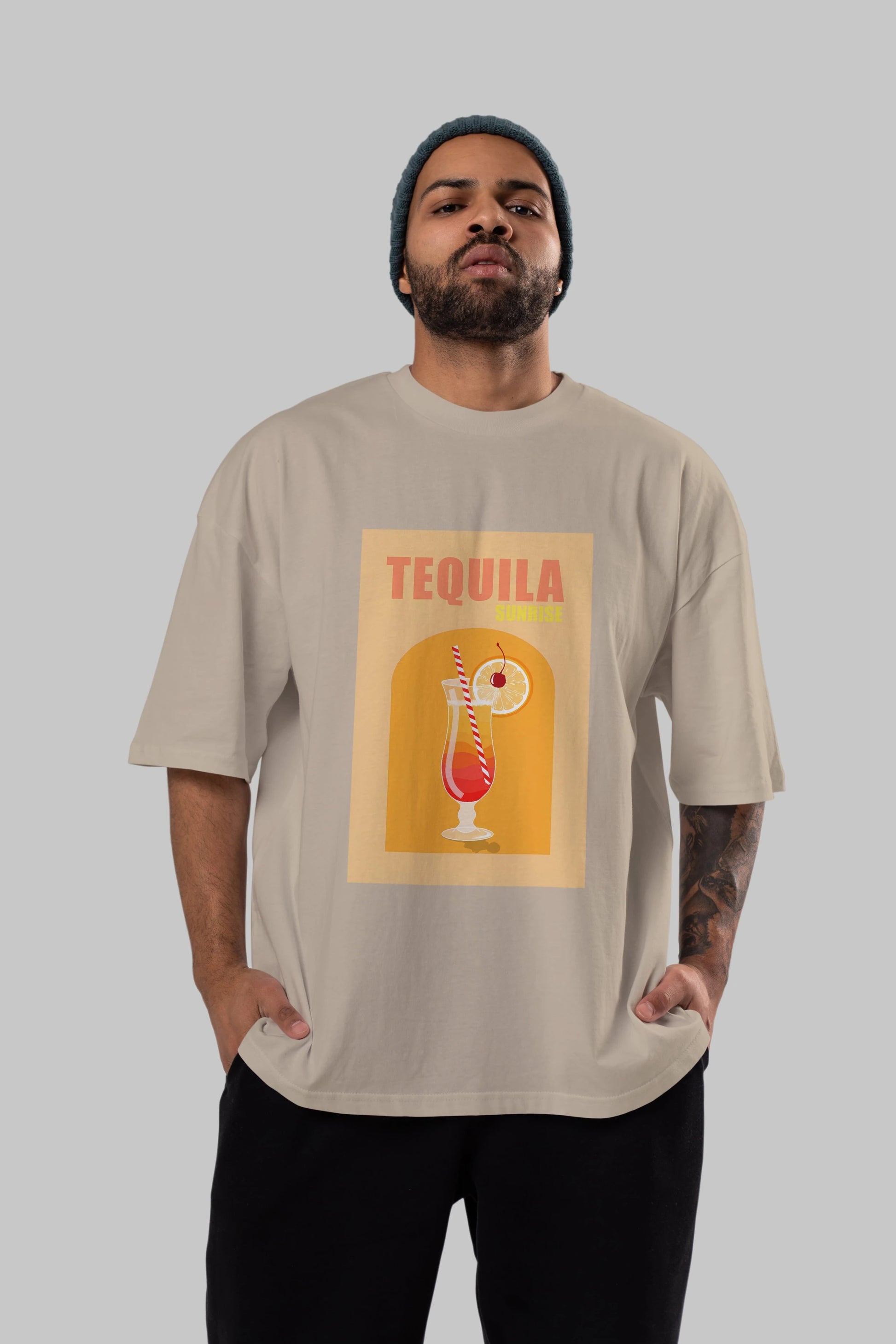 Tequila Sunrise Ön Baskılı Oversize t-shirt Erkek Kadın Unisex %100 Pamuk Bisiklet Yaka tişort