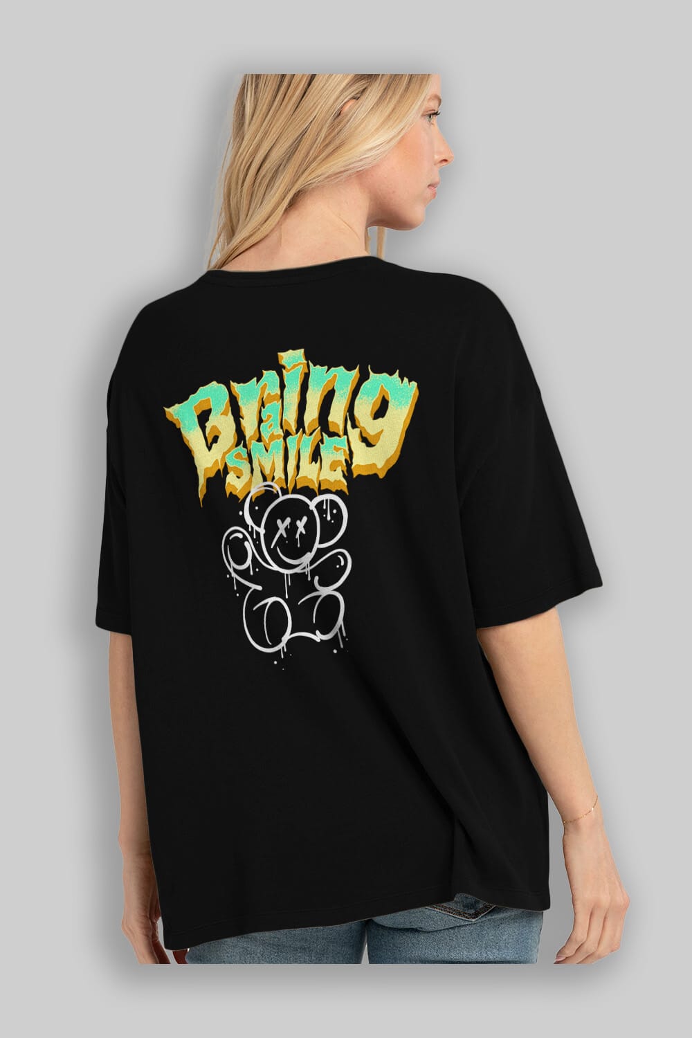 Teddy Bear Braing Smile Arka Baskılı Oversize t-shirt Erkek Kadın Unisex