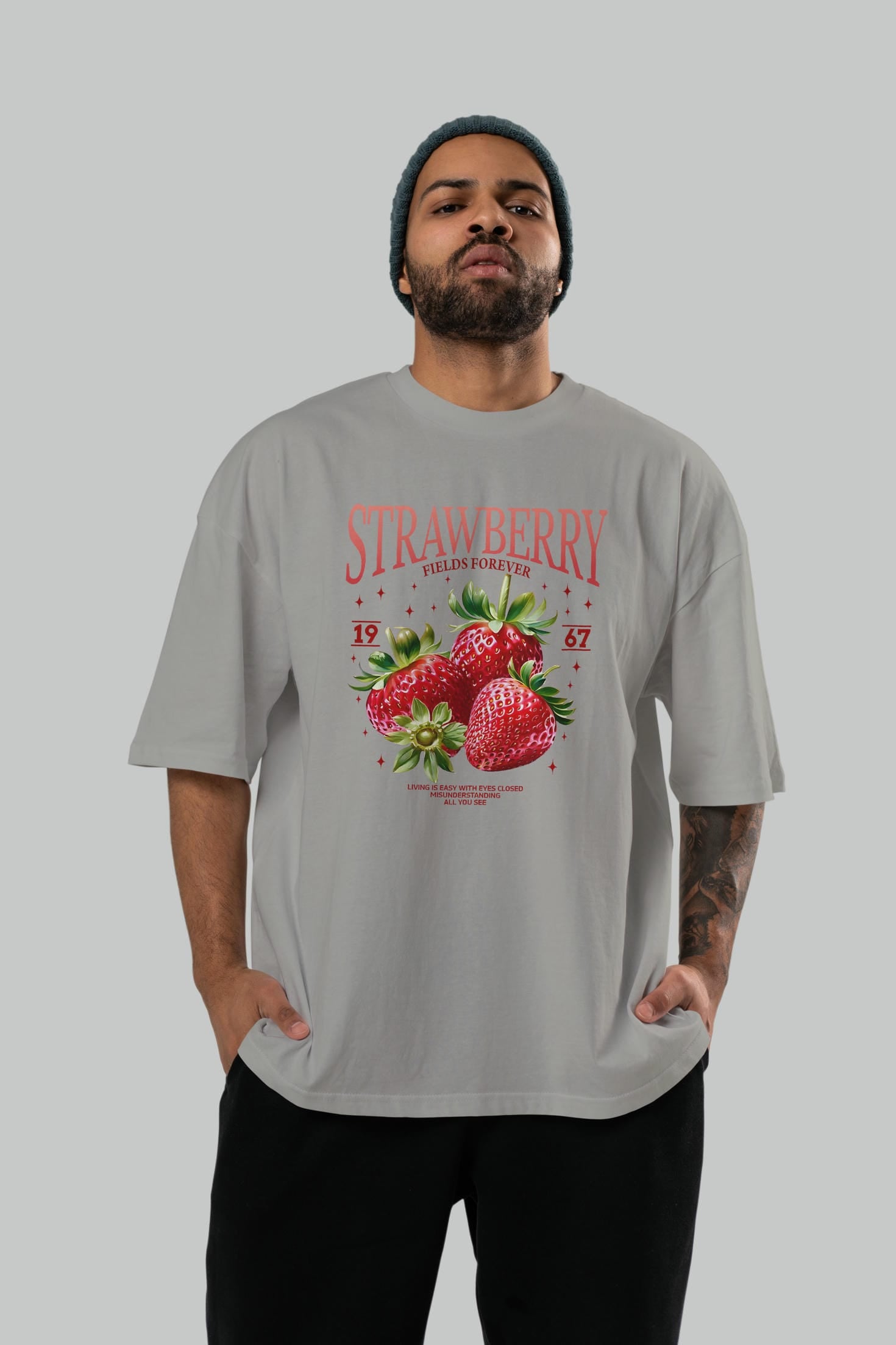 Strawberry Ön Baskılı Oversize t-shirt Erkek Kadın Pamuk Bisiklet Yaka tişort