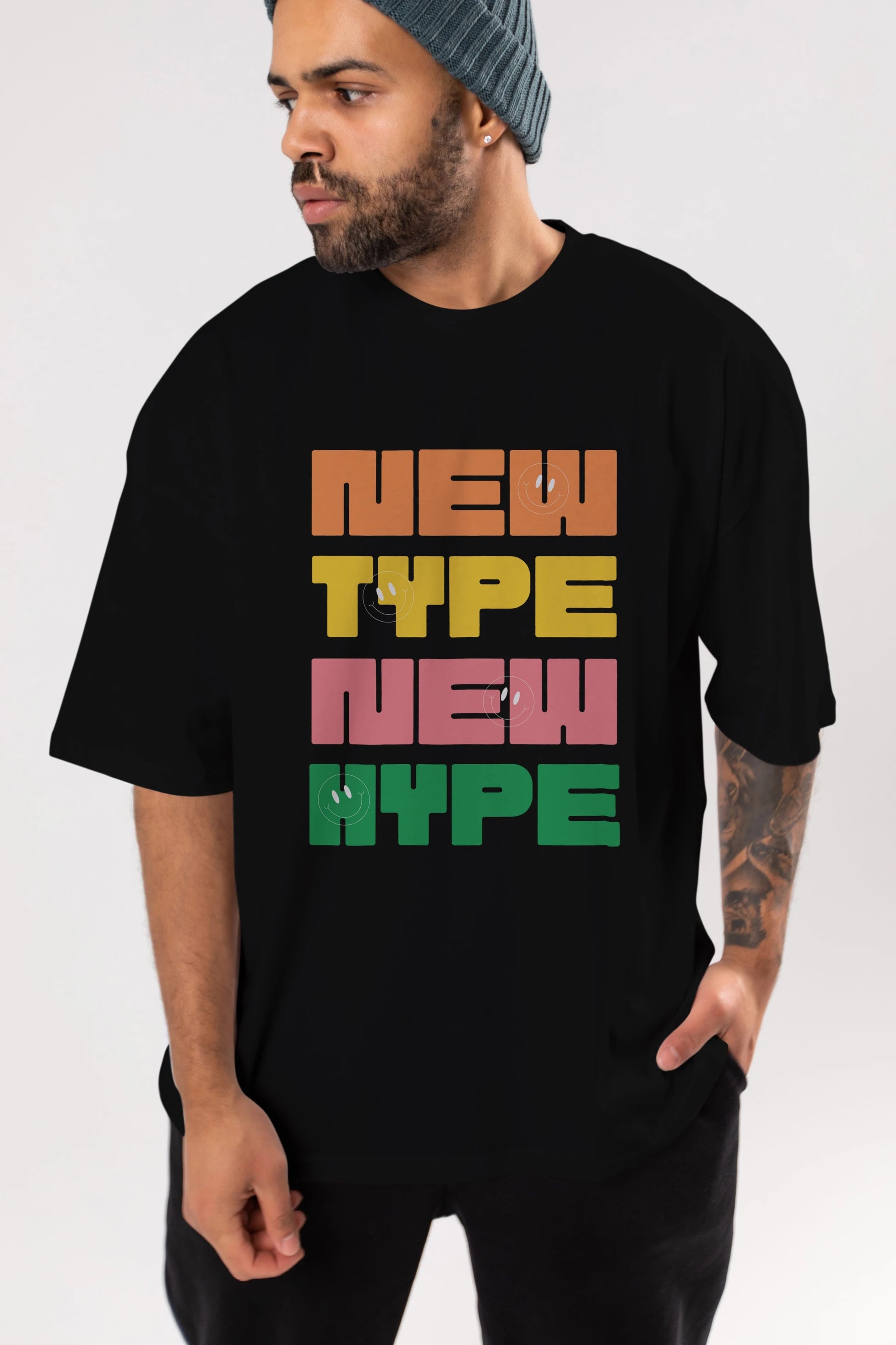 New Type New Hype Yazılı Ön Baskılı Oversize t-shirt Erkek Kadın Unisex