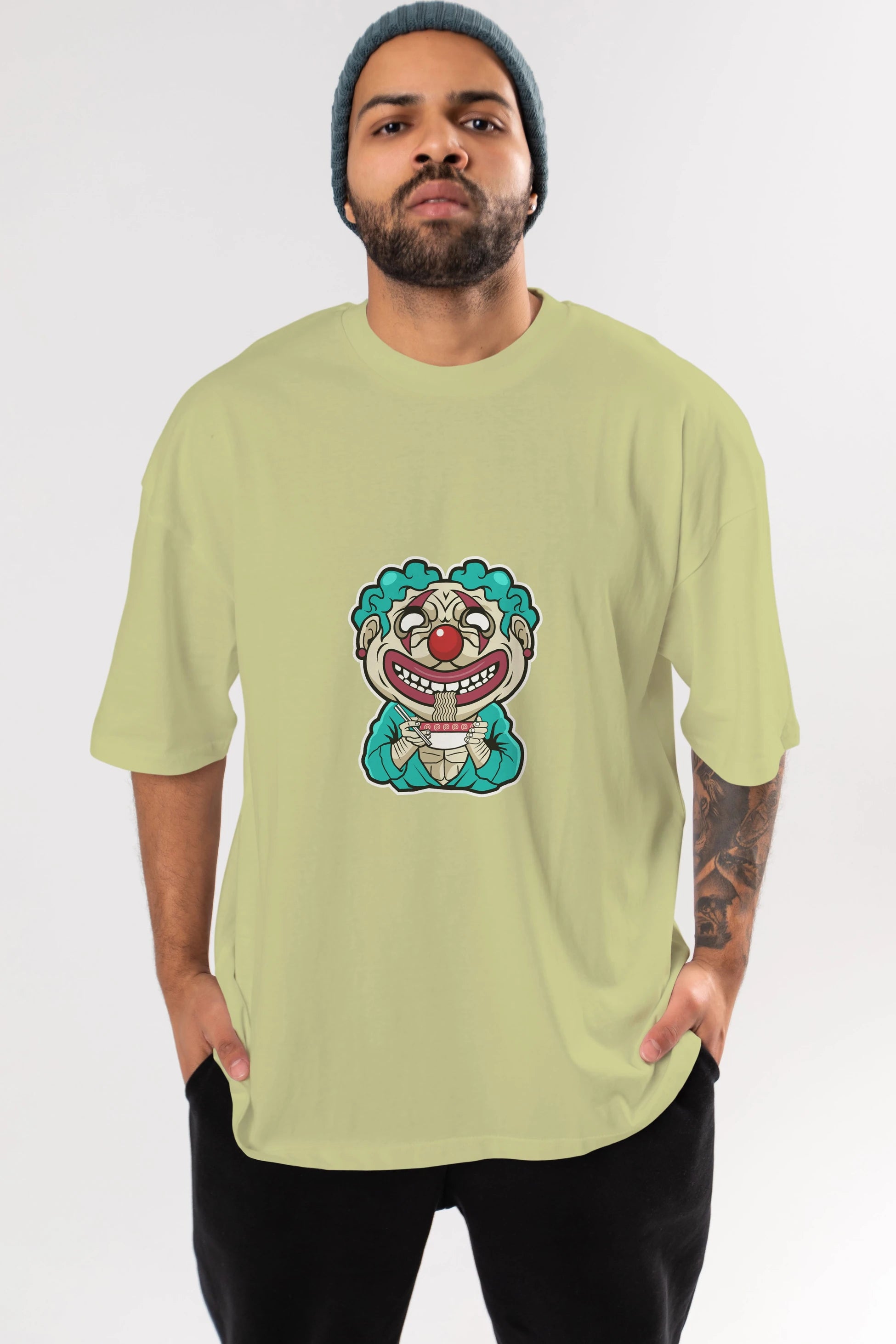 Clown Ramen Ön Baskılı Oversize t-shirt Erkek Kadın Unisex %100 Pamuk tişort