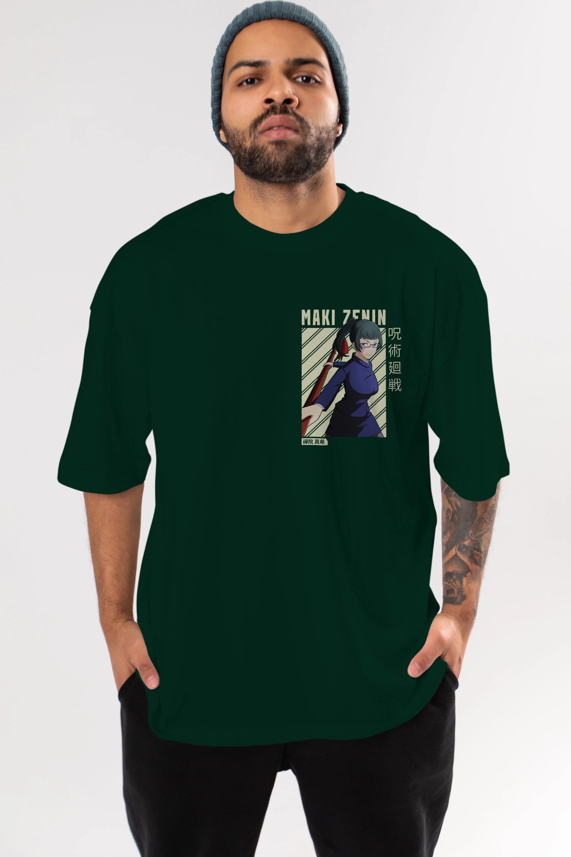 Maki Zenin CHAİNSAWMAN Ön Sol Baskılı Oversize t-shirt Erkek Kadın Unisex %100 Pamuk Bisiklet Yaka tişort