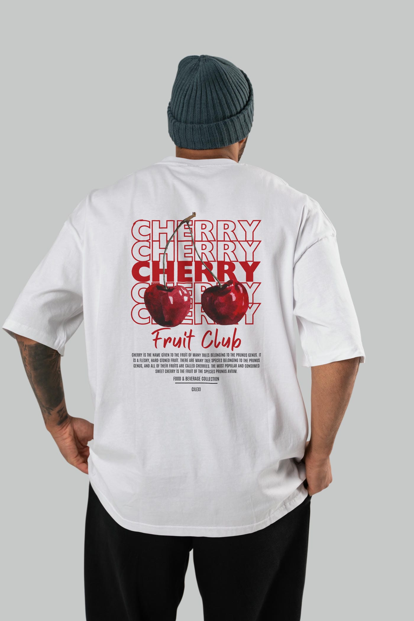 Cherry Arka Baskılı Oversize t-shirt Erkek Kadın Pamuk Bisiklet Yaka tişort