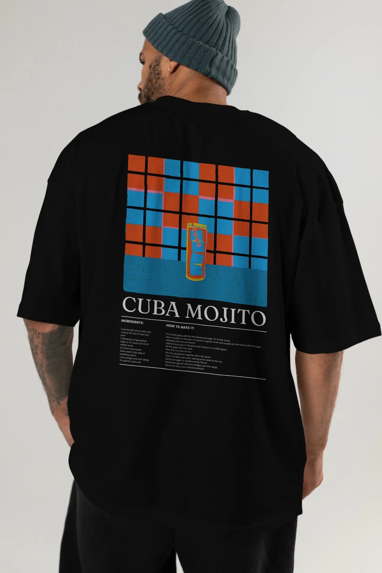 Cuba Mojıto Kokteyl Serisi Arka Baskılı Oversize t-shirt Erkek Kadın %100 Pamuk Bisiklet Yaka tişort
