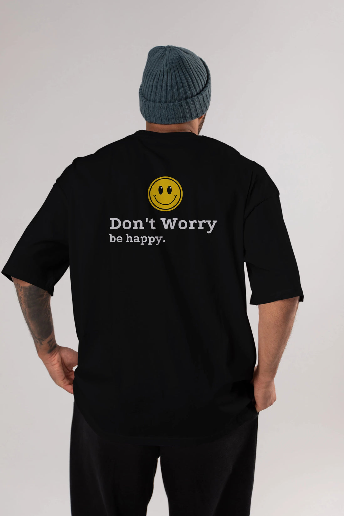 Don't Worry Be Happy Yazılı Arka Baskılı Oversize t-shirt Erkek Kadın Unisex