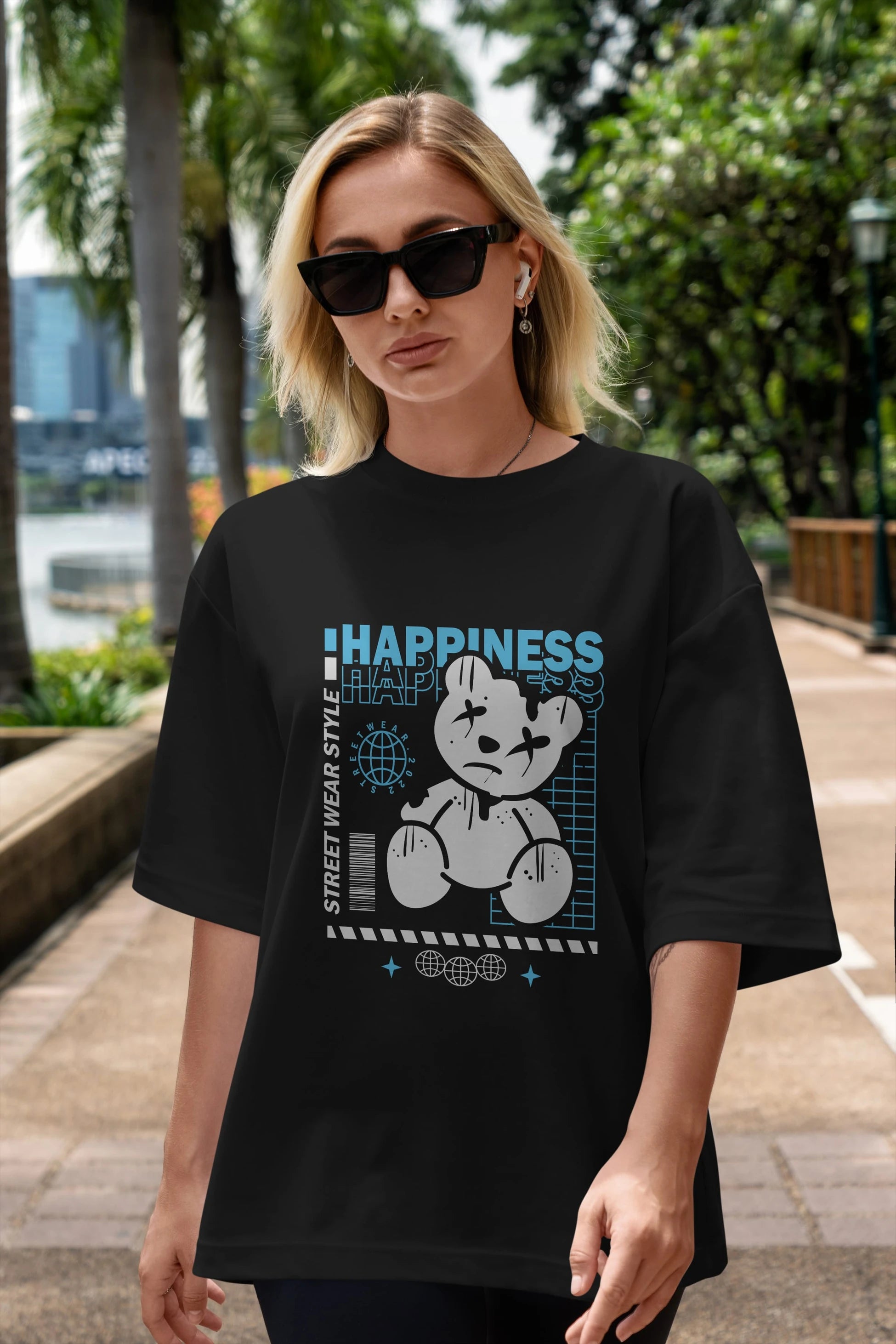 Happiness Bear 2 Ön Baskılı Oversize t-shirt Erkek Kadın Unisex