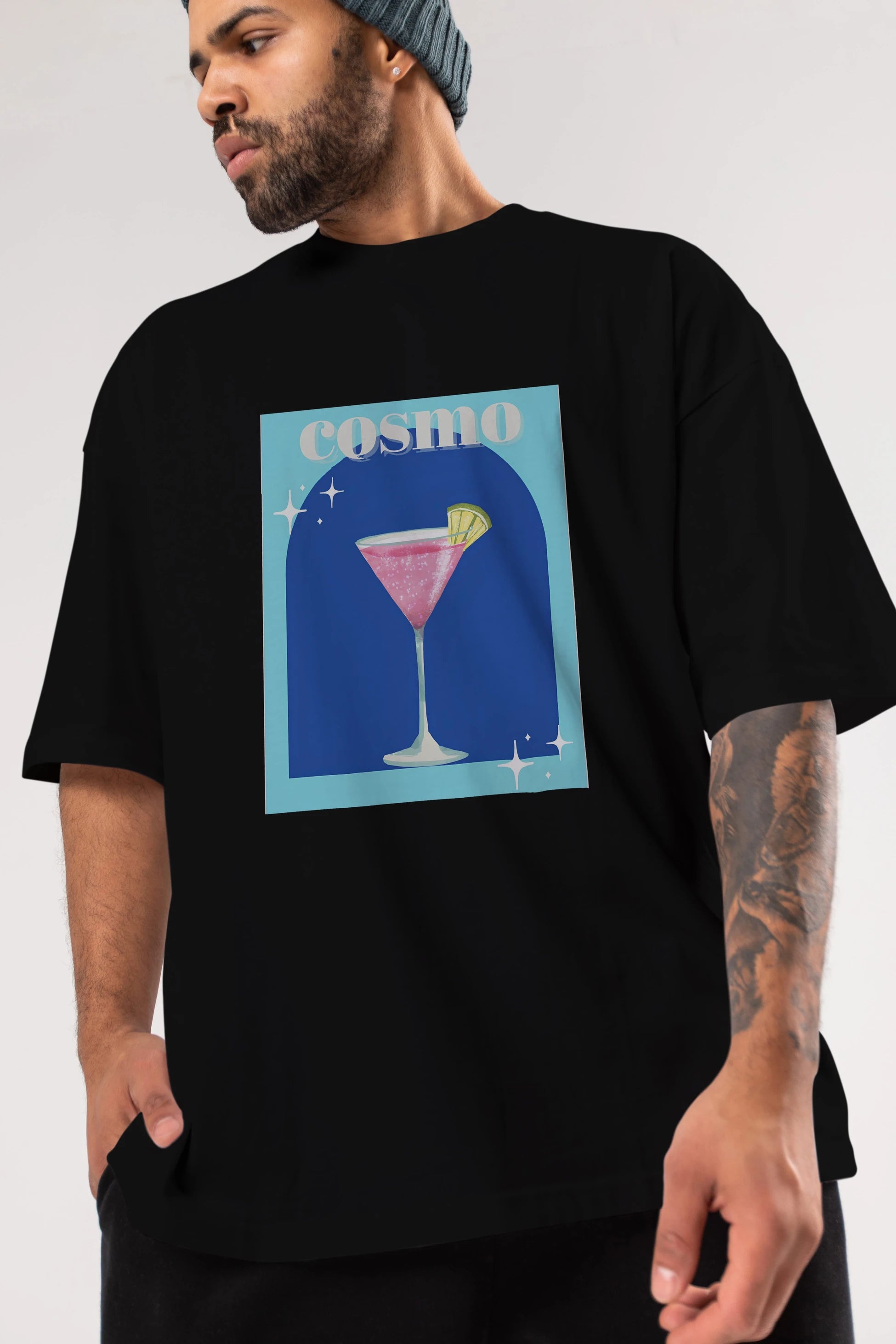 Cosmopolitan 2 Ön Baskılı Oversize t-shirt Erkek Kadın Unisex %100 Pamuk Bisiklet Yaka tişort