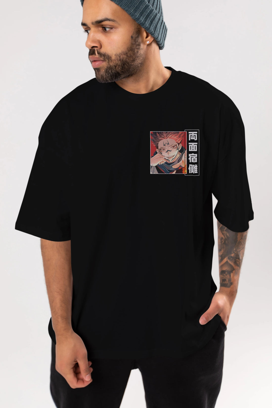 Sukuna Ryoumen 4 Ön Sol Baskılı Oversize t-shirt Erkek Kadın Unisex %100 Pamuk Bisiklet Yaka tişort