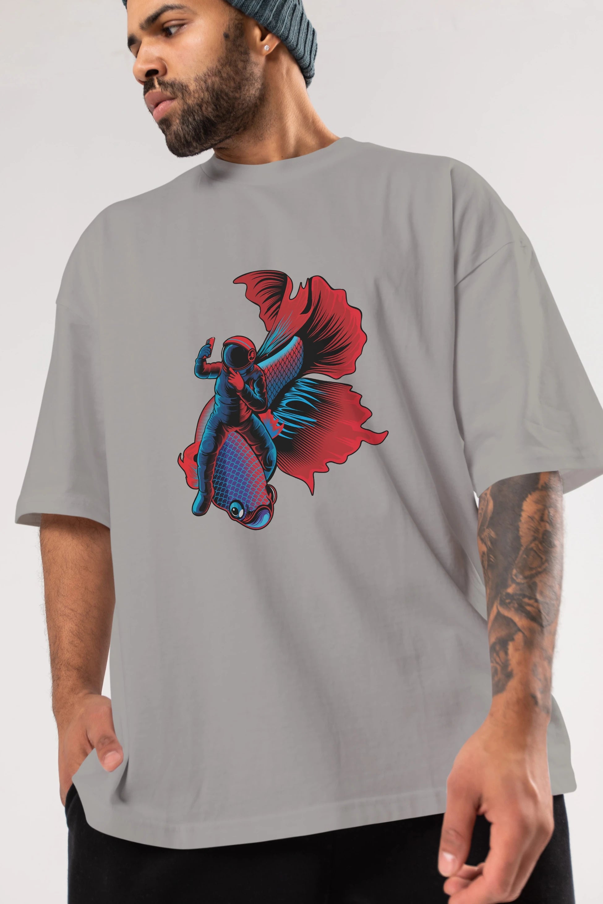 Astrofish selfie Ön Baskılı Oversize t-shirt Erkek Kadın Unisex