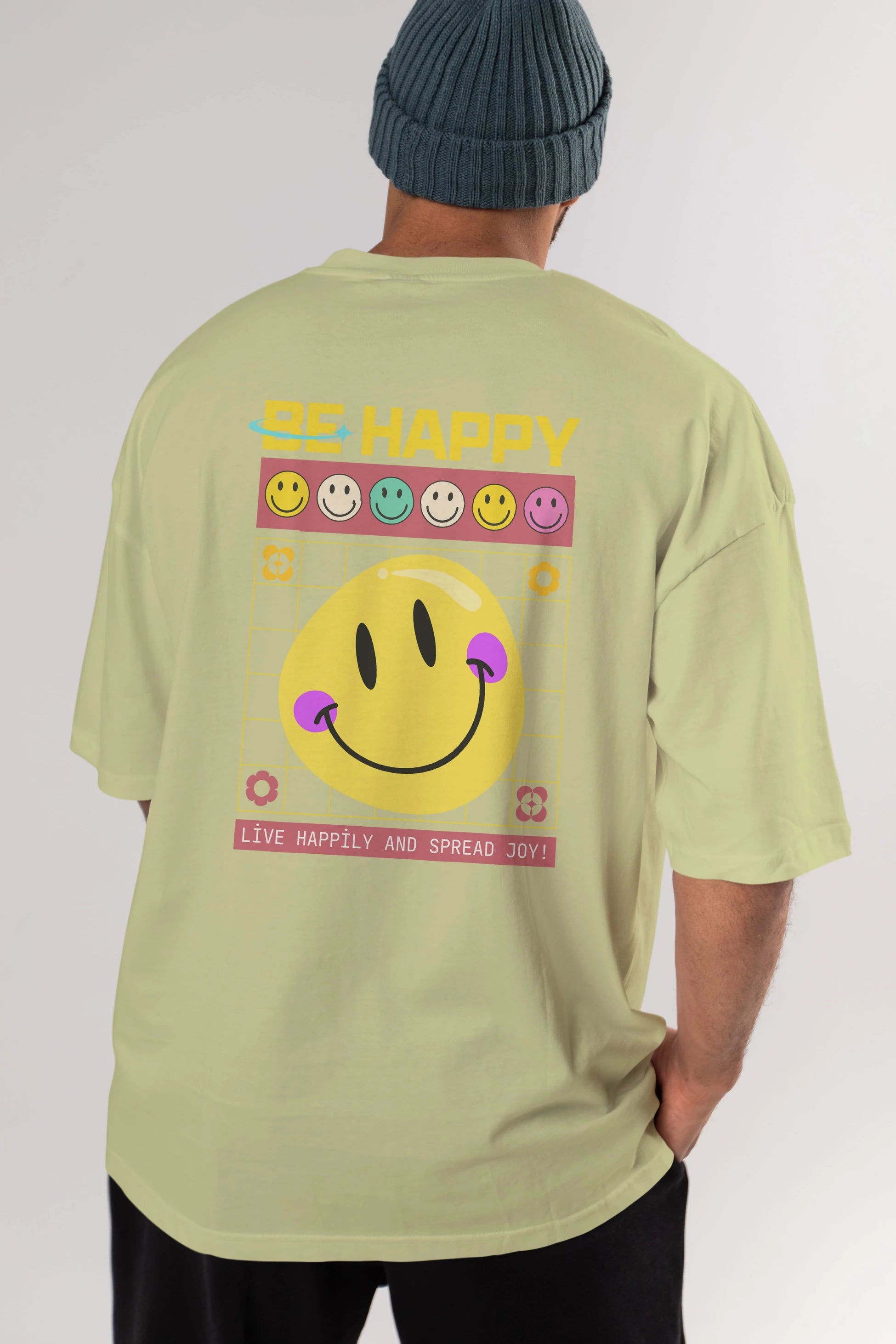 Be Happy Yazılı Arka Baskılı Oversize t-shirt Erkek Kadın Unisex