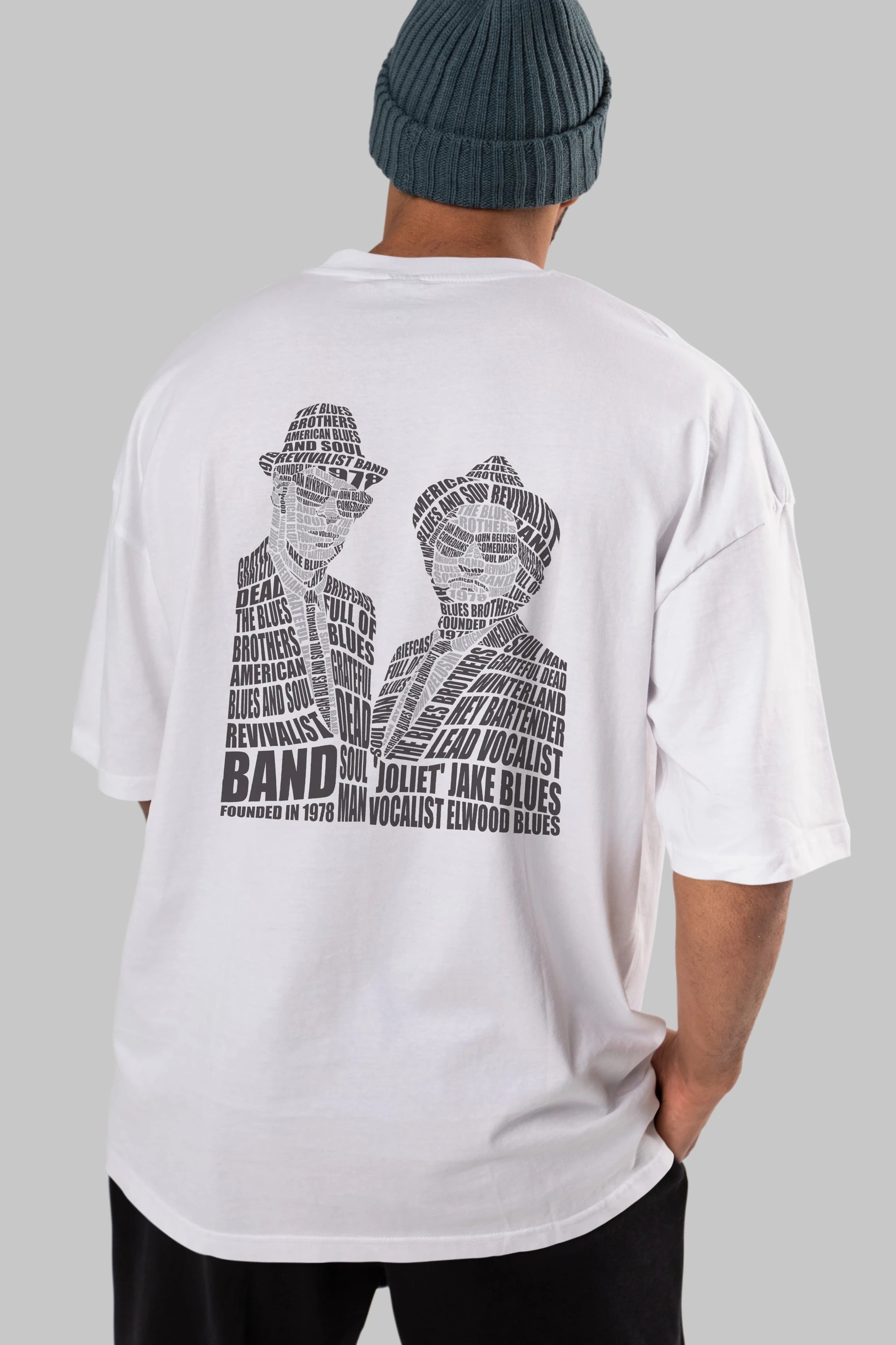 Blues Brothers Calligram Arka Baskılı Oversize t-shirt %100 pamuk Erkek Kadın Unisex