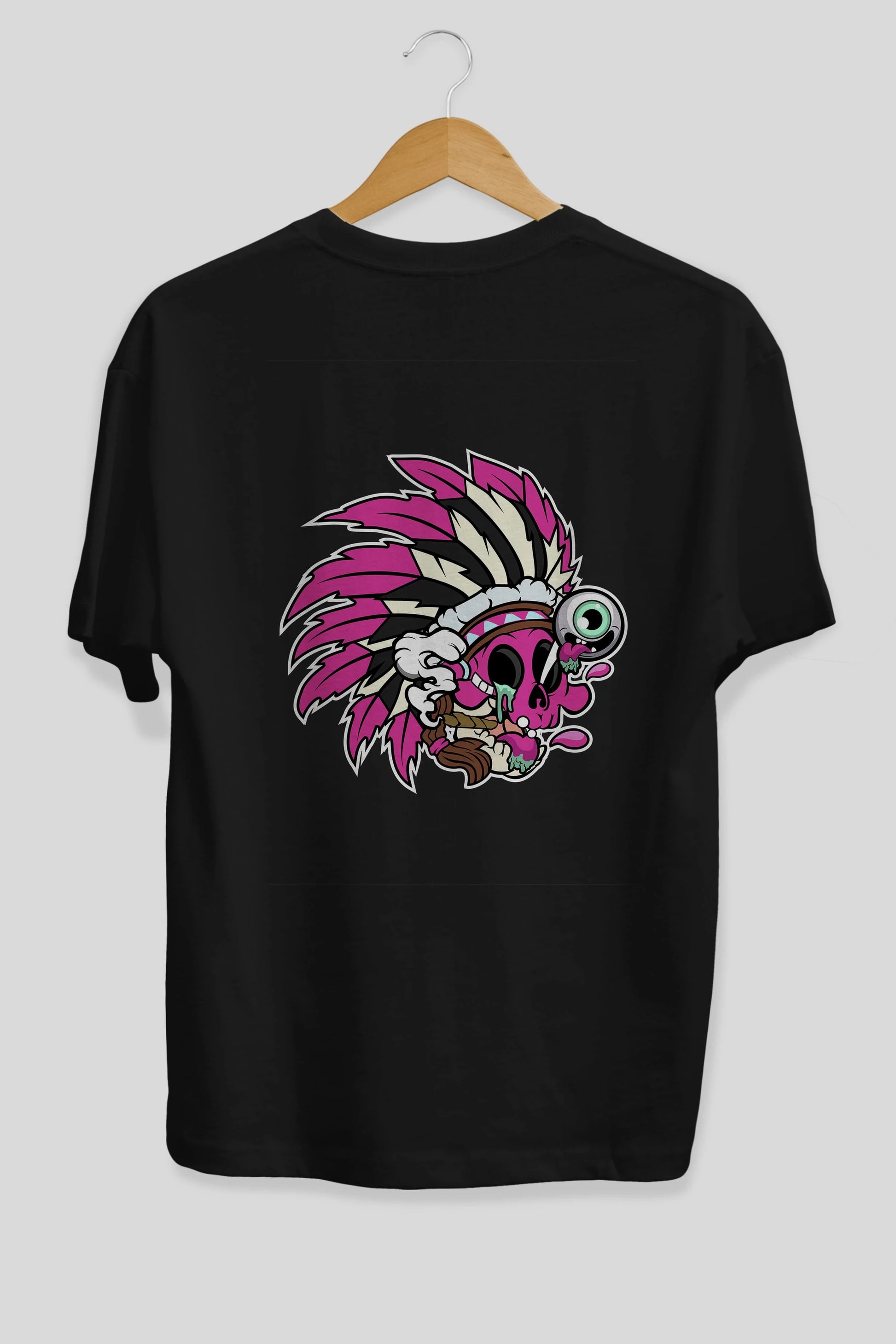 Skull Indian Arka Baskılı Oversize t-shirt Erkek Kadın Unisex %100 Pamuk tişort