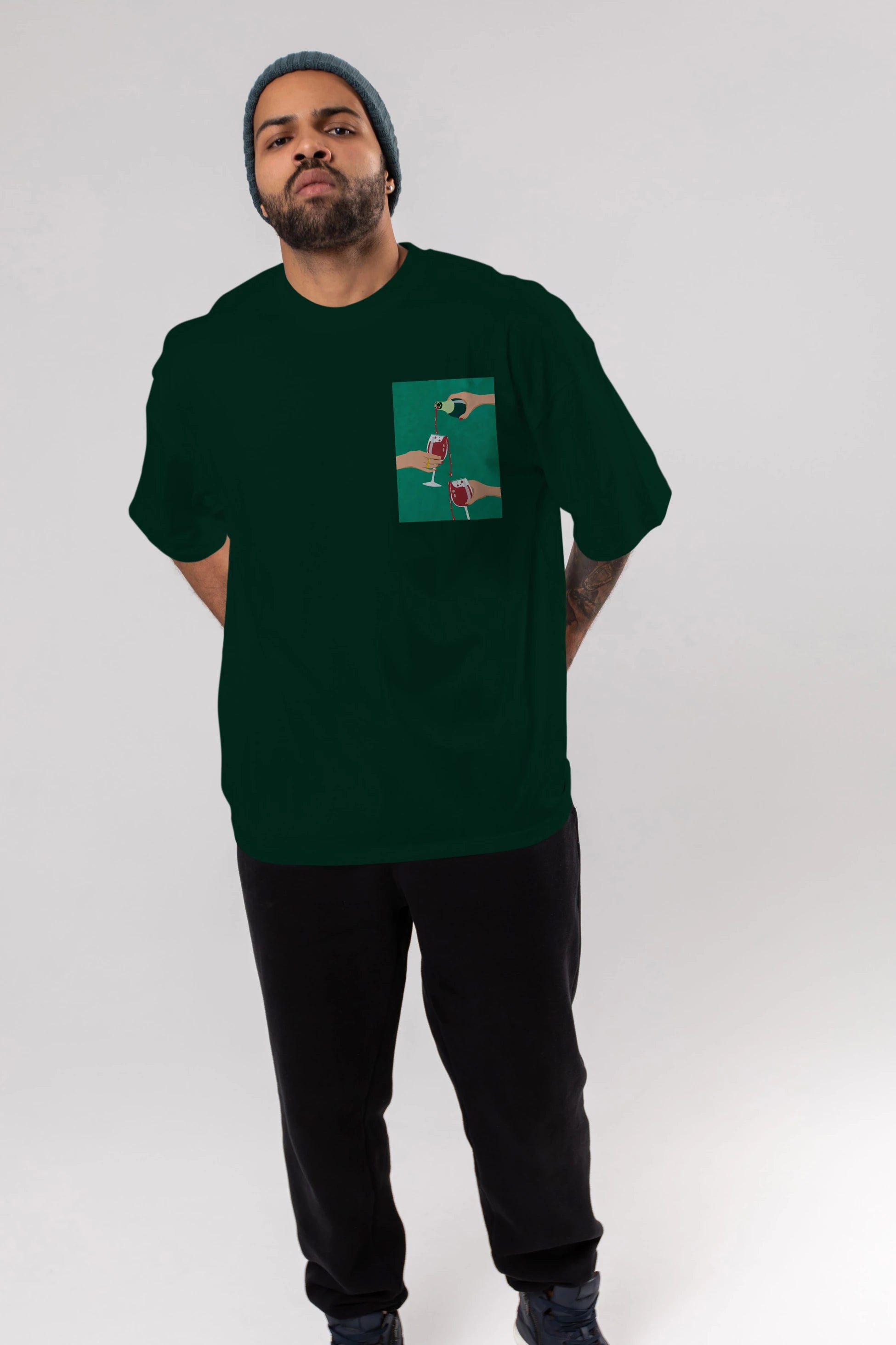 Wine 2 Ön Sol Baskılı Oversize t-shirt Erkek Kadın Unisex %100 Pamuk Bisiklet Yaka tişort