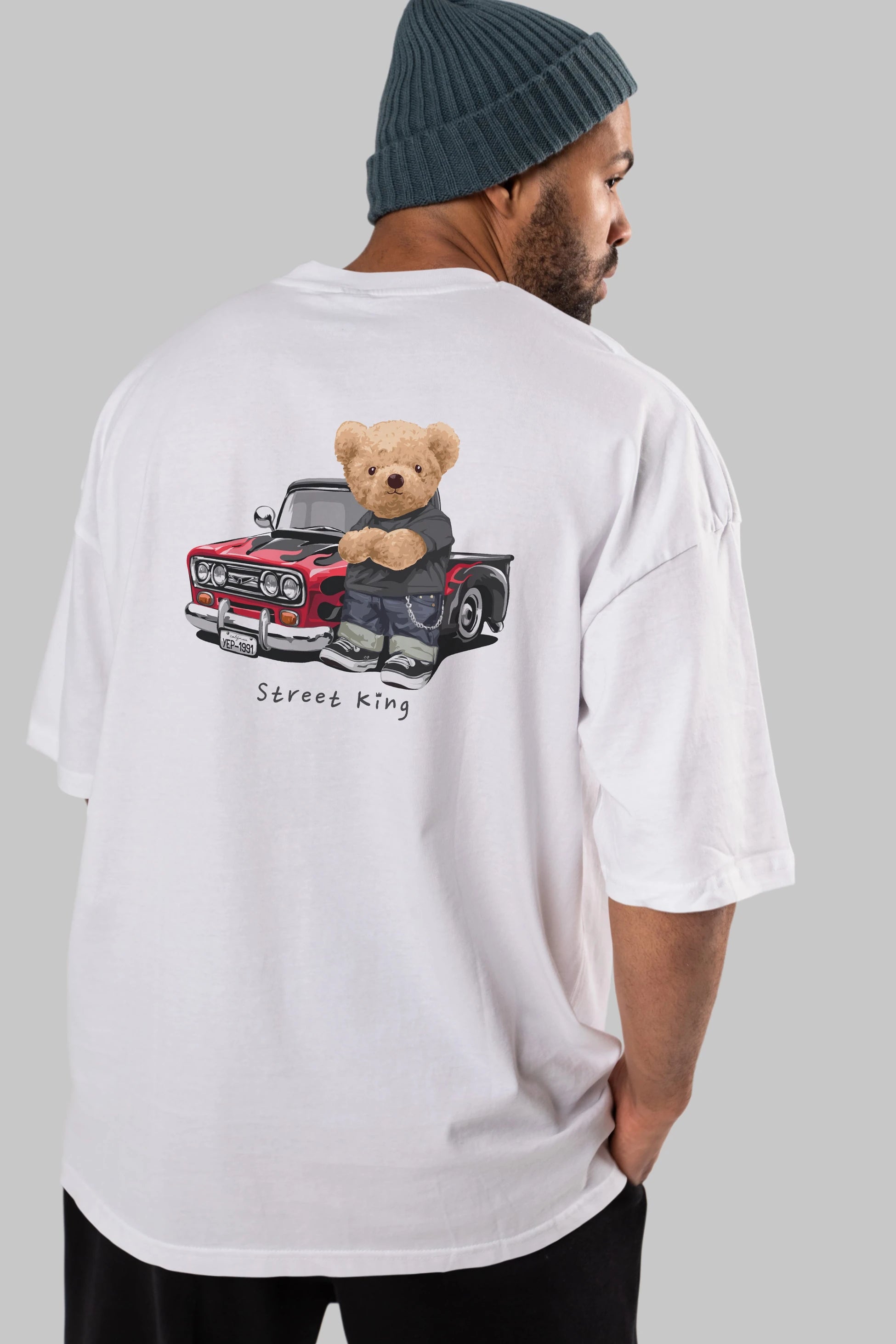 Teddy Bear Street King Arka Baskılı Oversize t-shirt Erkek Kadın Unisex %100 Pamuk