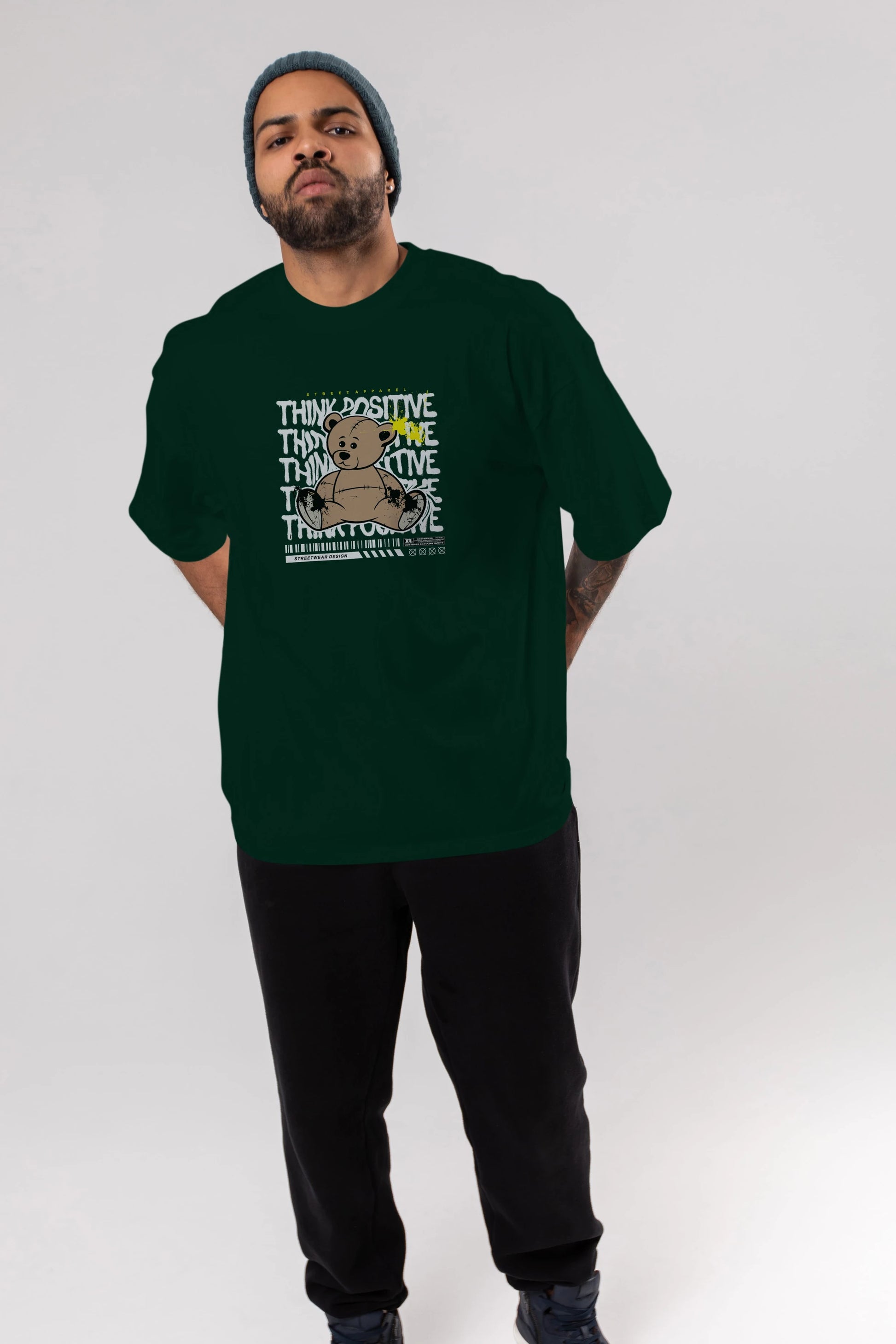 Teddy Bear Think Positive Ön Baskılı Oversize t-shirt Erkek Kadın Unisex