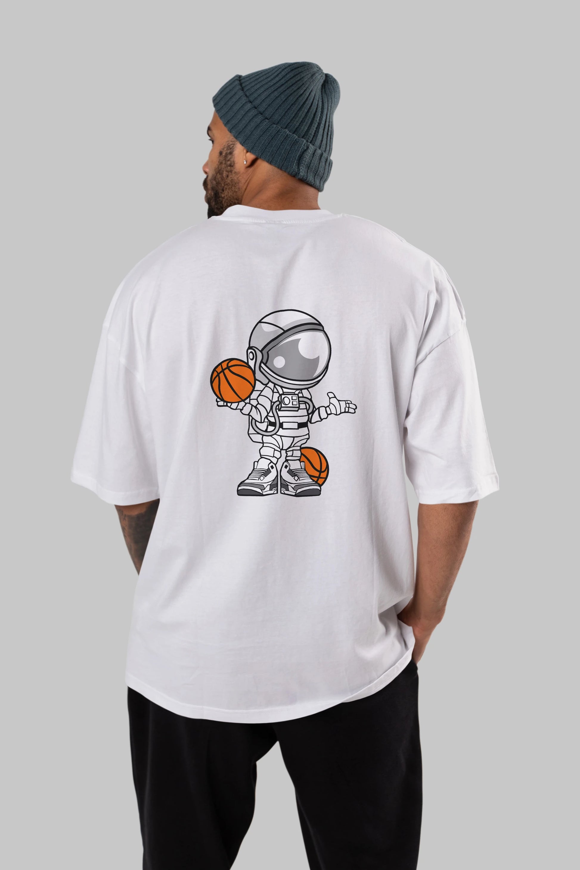 Astronaut Basketball Player Arka Baskılı Oversize t-shirt Erkek Kadın Unisex %100 Pamuk tişort