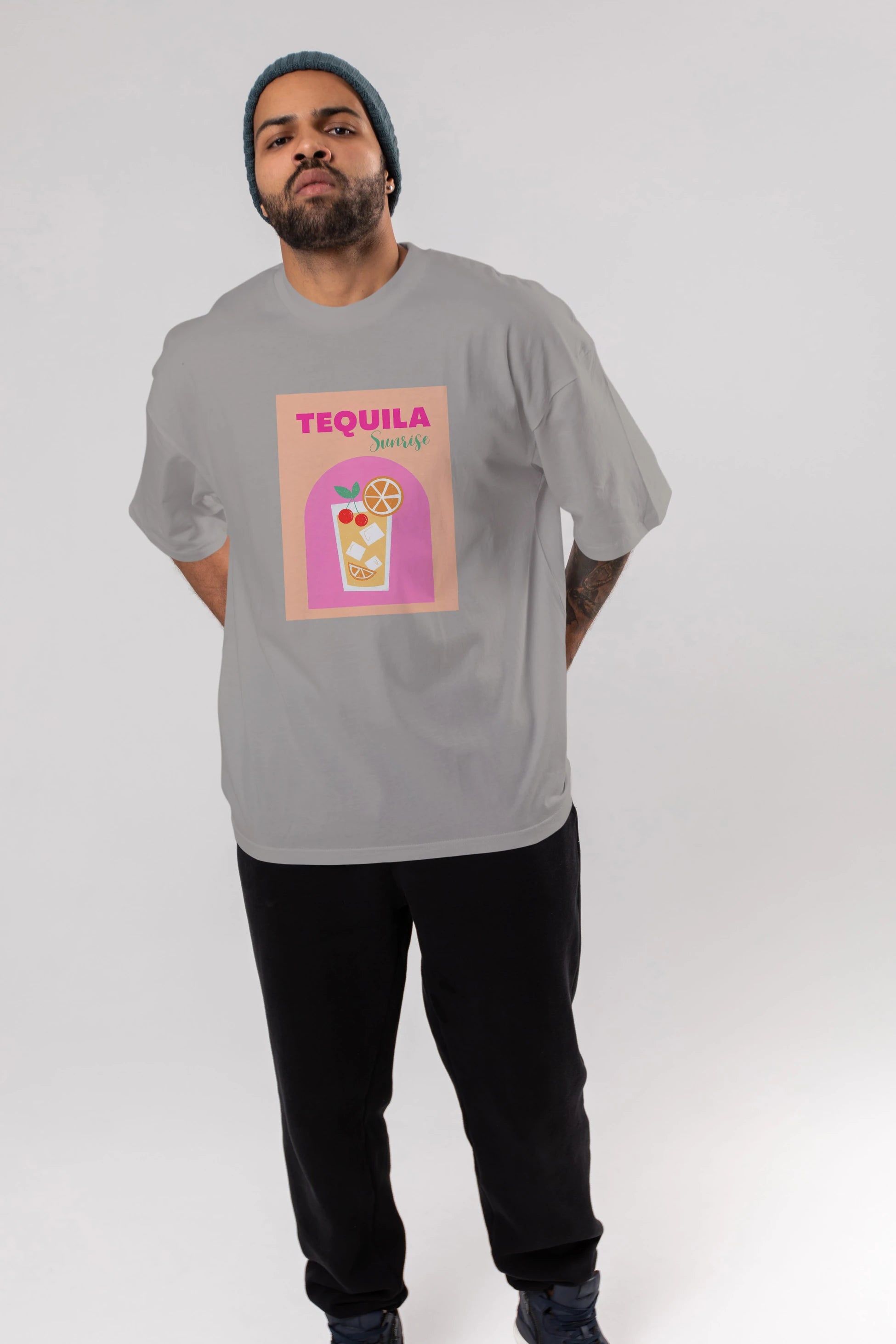Tequila Sunrise 2 Ön Baskılı Oversize t-shirt Erkek Kadın Unisex %100 Pamuk Bisiklet Yaka tişort