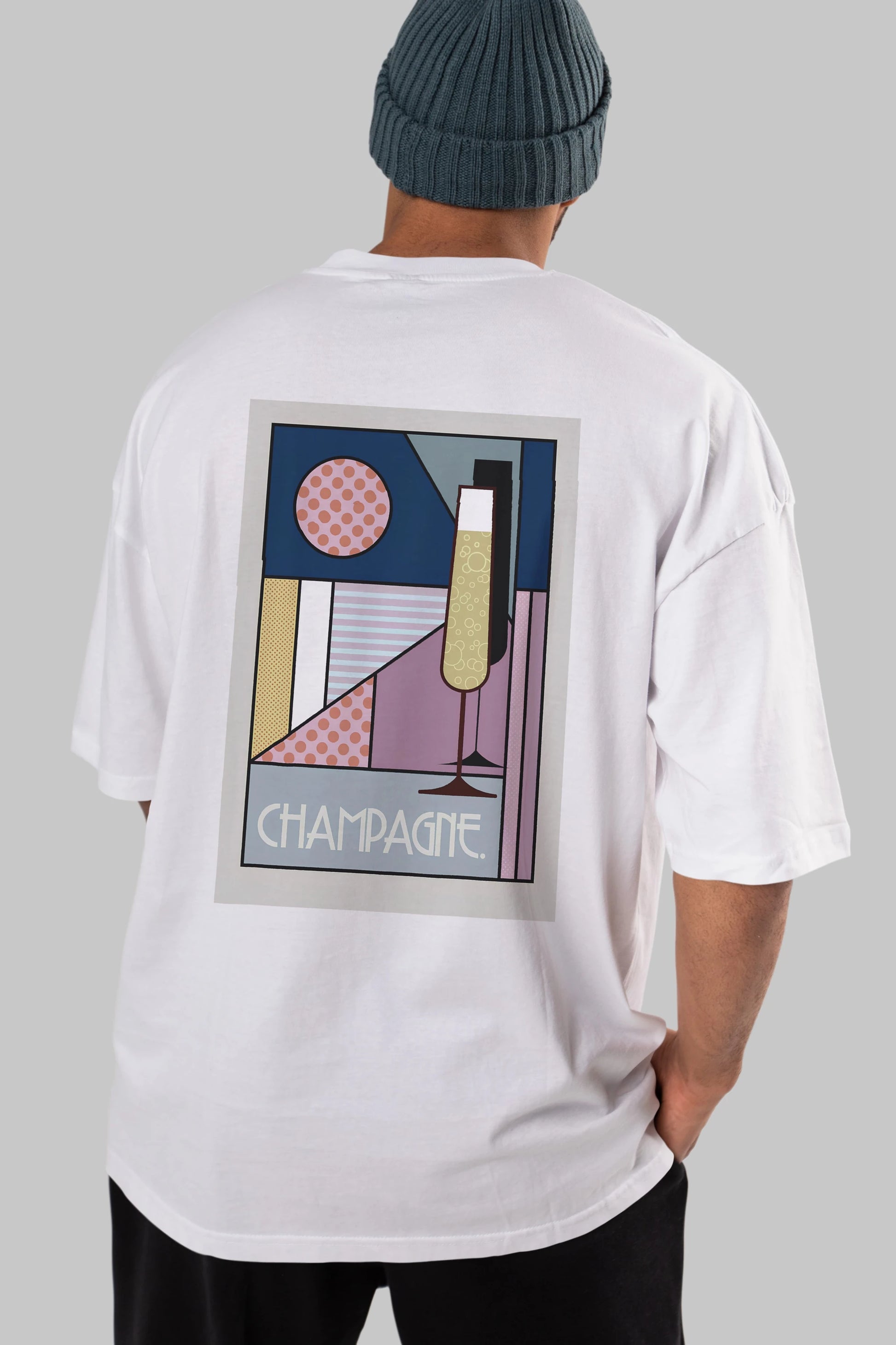 Champagne Arka Baskılı Oversize t-shirt Erkek Kadın Unisex %100 Pamuk Bisiklet Yaka tişort