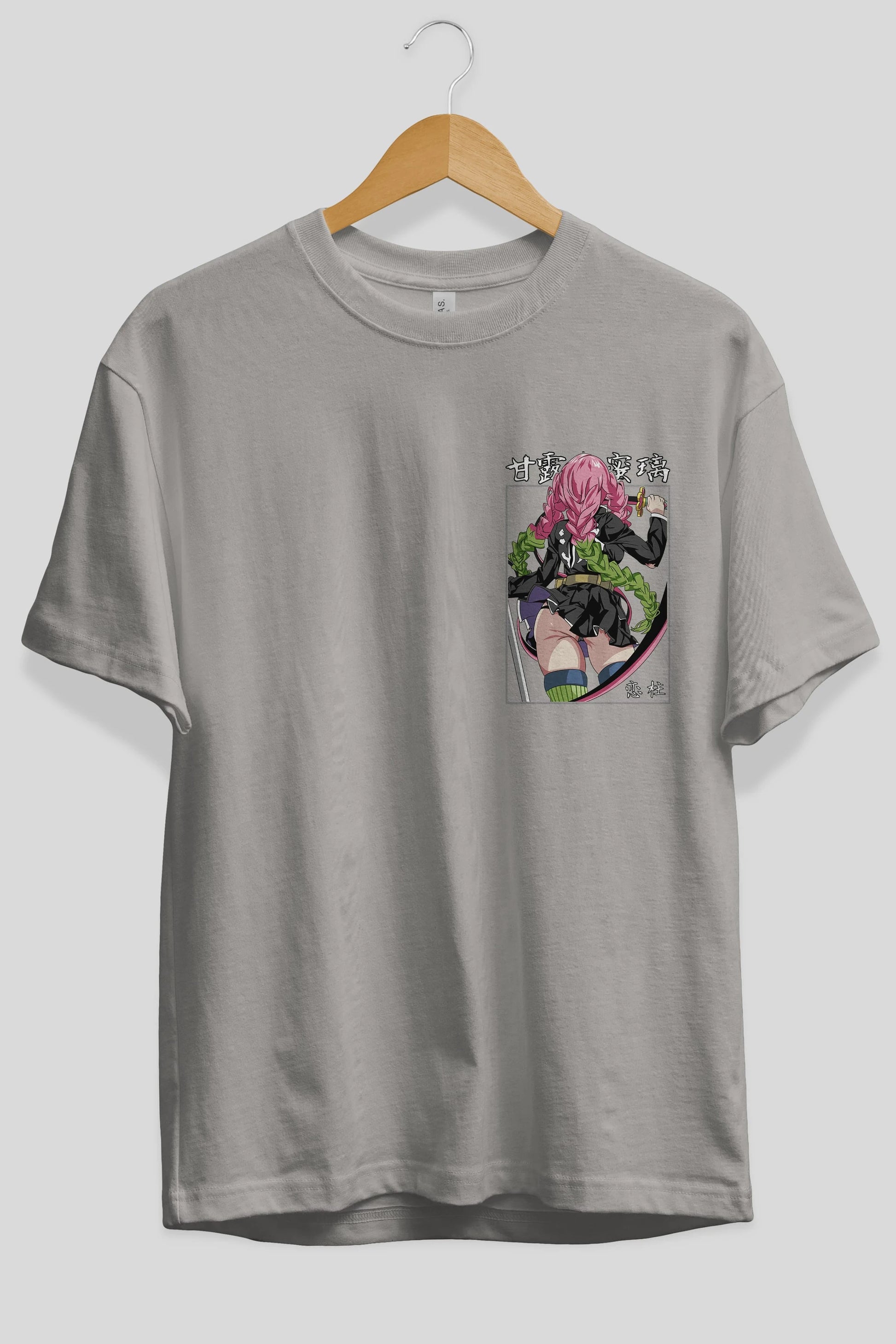 Mitsuri DEMONSLAYER Ön Sol Baskılı Oversize t-shirt Erkek Kadın Unisex %100 Pamuk Bisiklet Yaka tişort