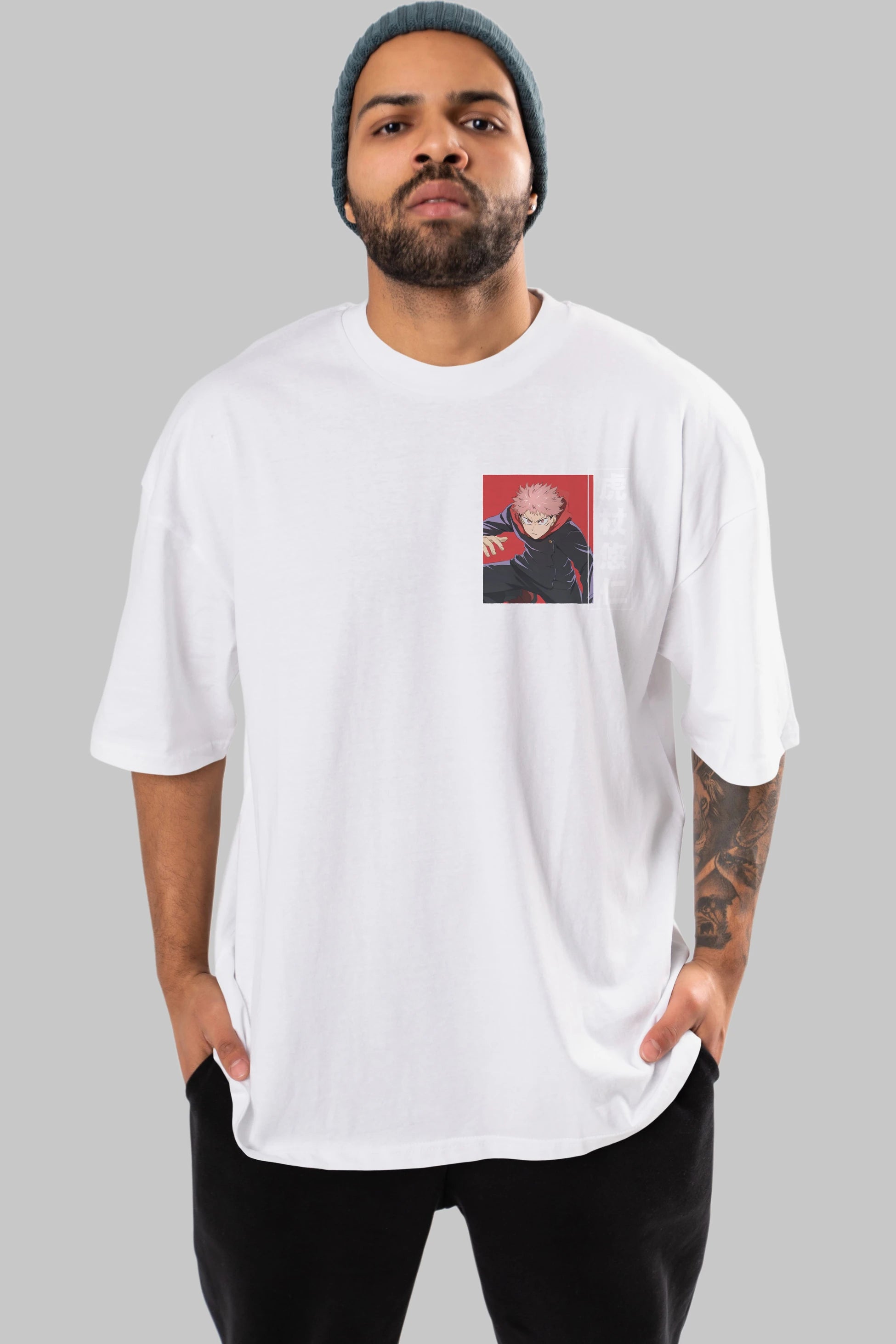 Yuuji Itadori 2 Ön Sol Baskılı Oversize t-shirt Erkek Kadın Unisex %100 Pamuk Bisiklet Yaka tişort