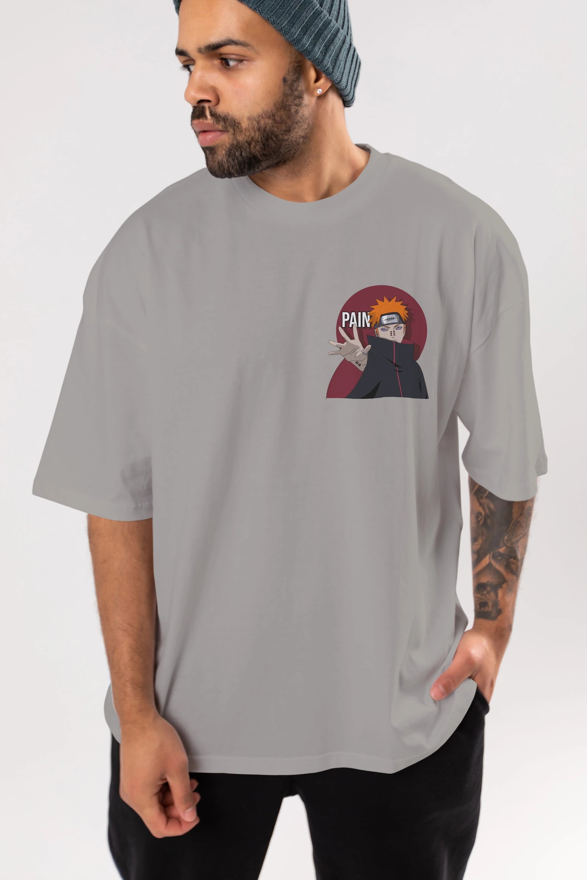 PAIN NARUTO Ön Sol Baskılı Oversize t-shirt Erkek Kadın Unisex %100 Pamuk Bisiklet Yaka tişort