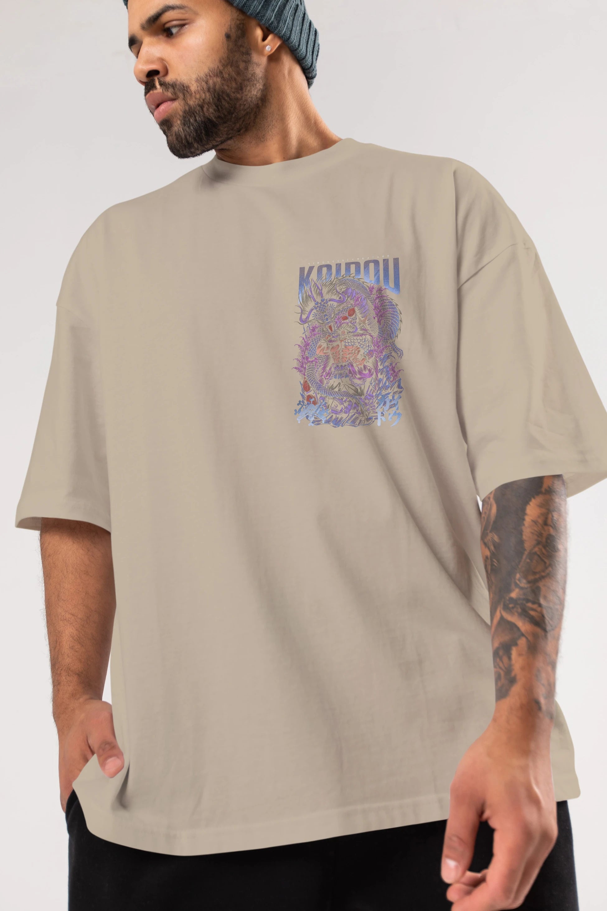 KAIDOU ONE PIECE Ön Sol Baskılı Oversize t-shirt Erkek Kadın Unisex %100 Pamuk Bisiklet Yaka tişort