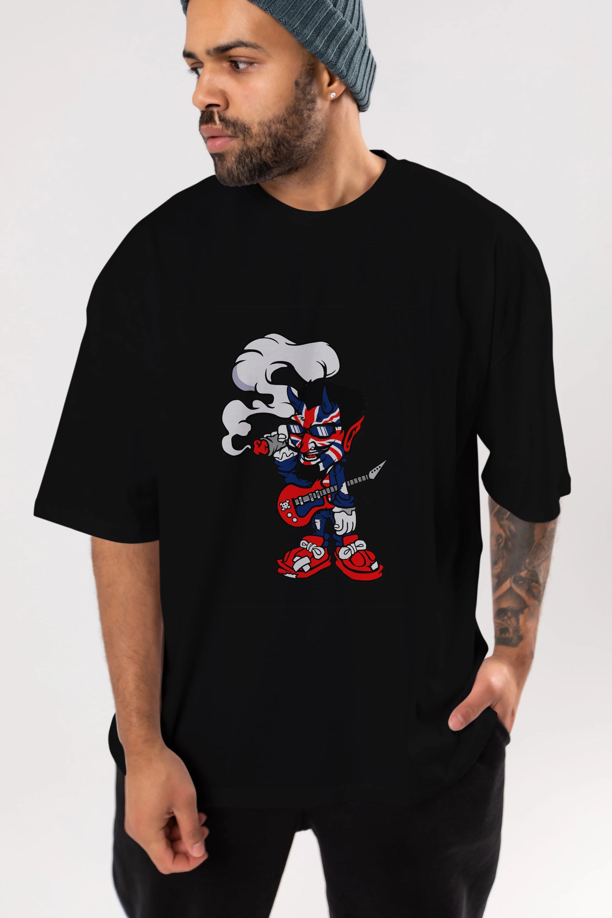 Uk Devil Rockstar Ön Baskılı Oversize t-shirt Erkek Kadın Unisex %100 Pamuk tişort