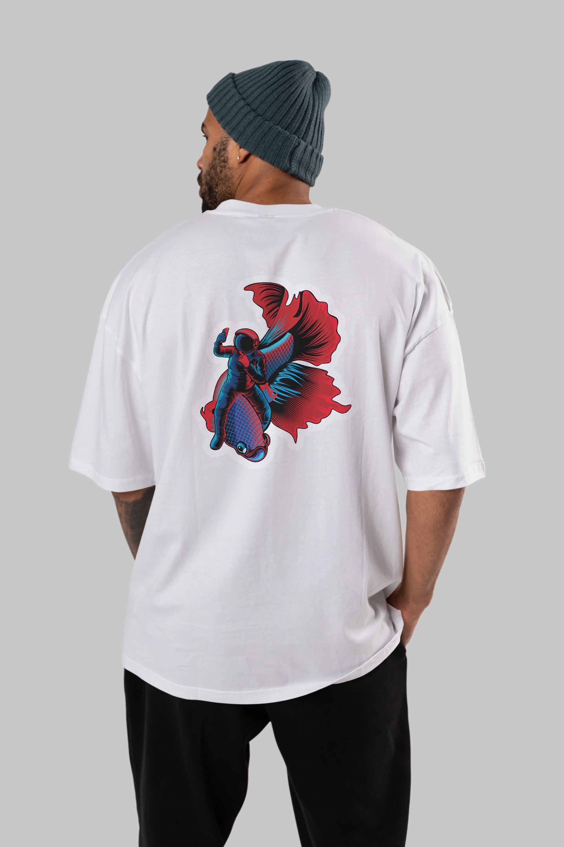 Astrofish selfie sticker Arka Baskılı Oversize t-shirt Erkek Kadın Unisex