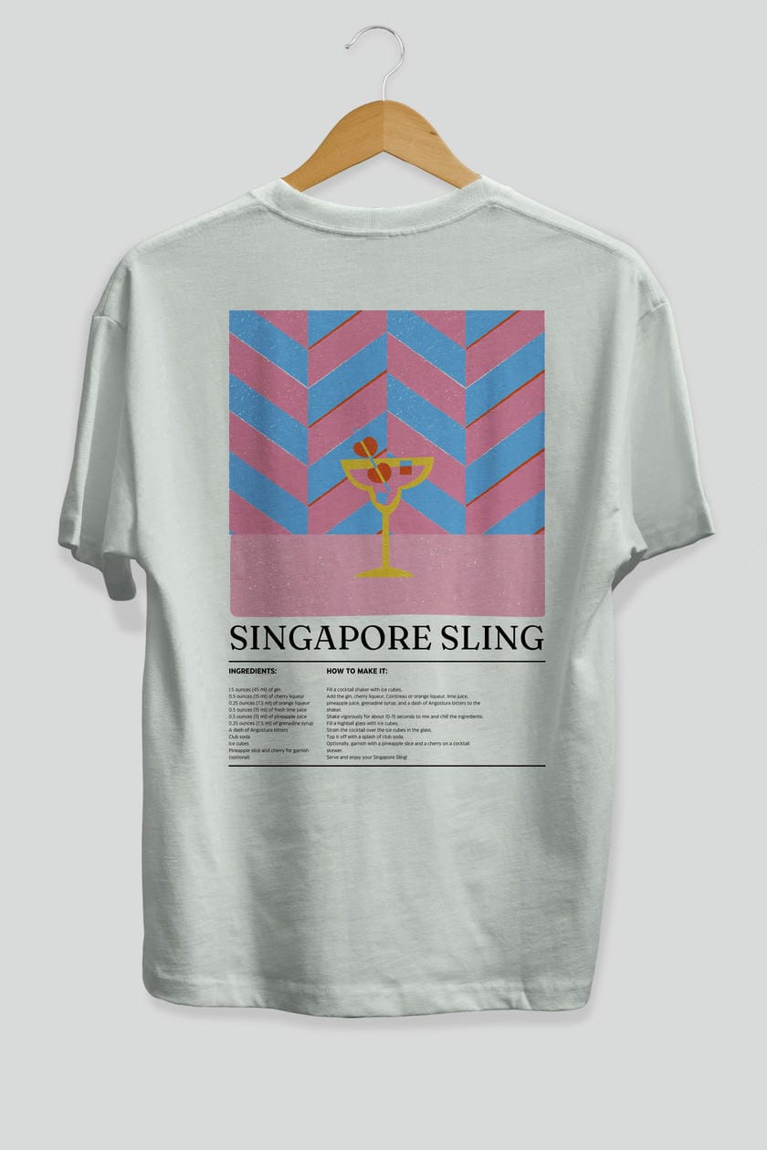 Singapore Sling Kokteyl Serisi Arka Baskılı Oversize t-shirt Erkek Kadın %100 Pamuk Bisiklet Yaka tişort