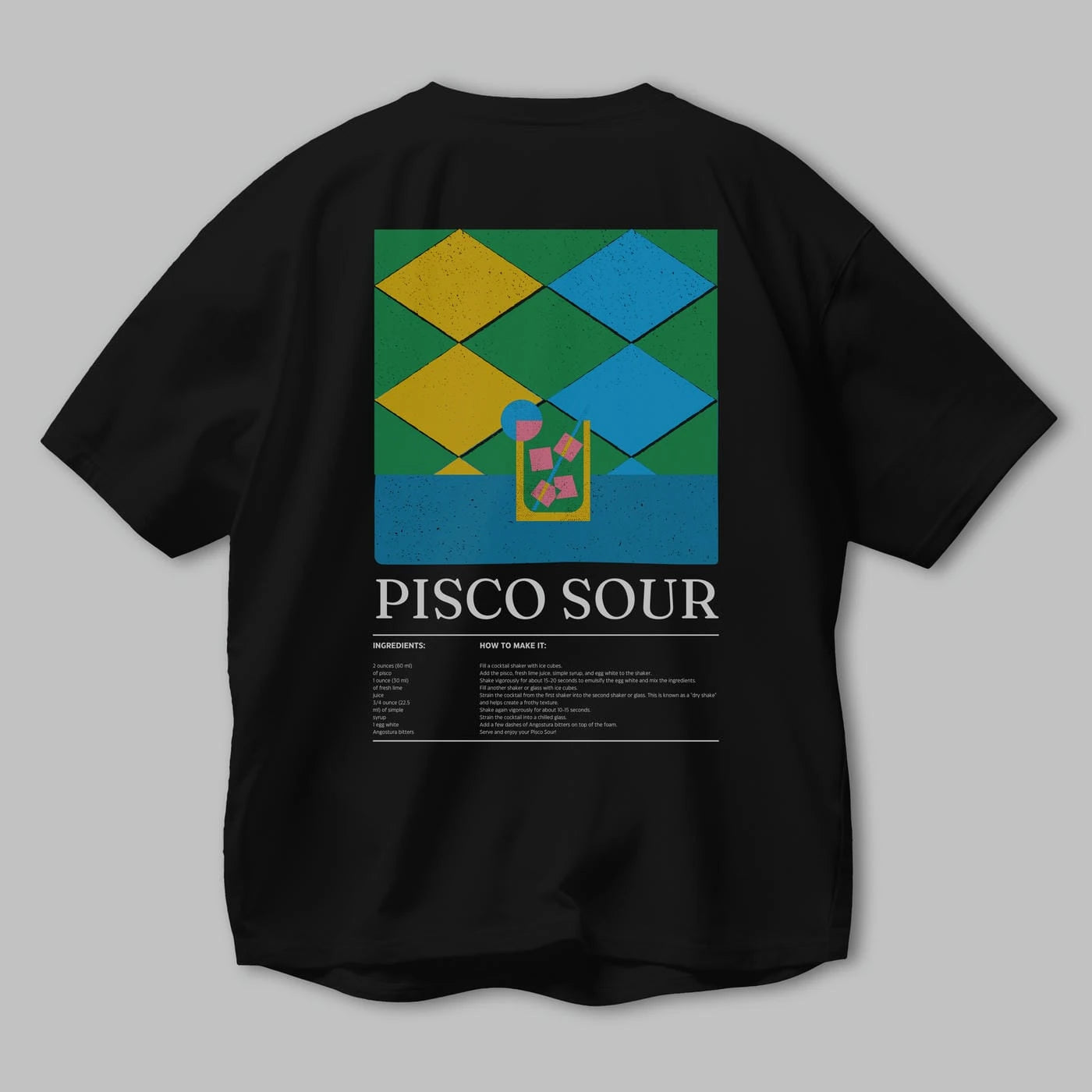 Pisco Sour Kokteyl Serisi Arka Baskılı Oversize t-shirt Erkek Kadın %100 Pamuk Bisiklet Yaka tişort