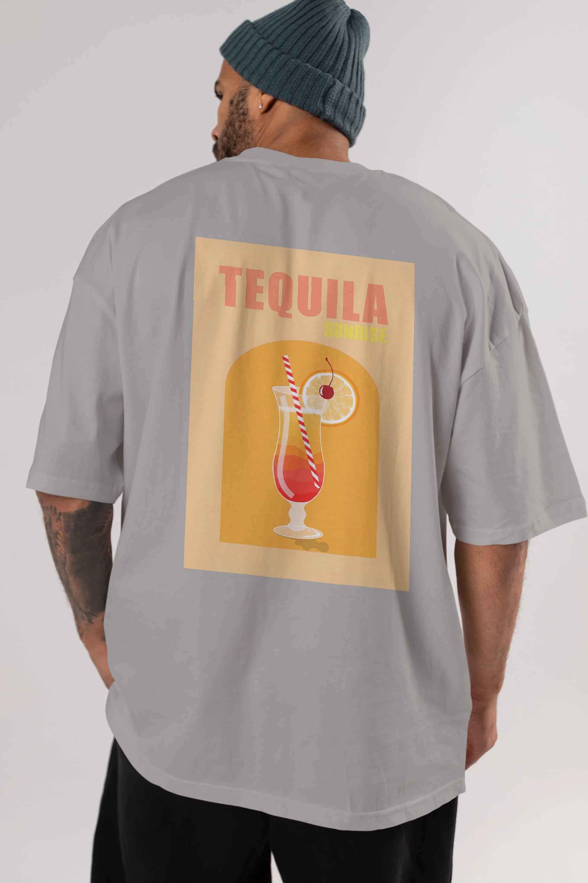 Tequila Sunrise Arka Baskılı Oversize t-shirt Erkek Kadın Unisex %100 Pamuk Bisiklet Yaka tişort