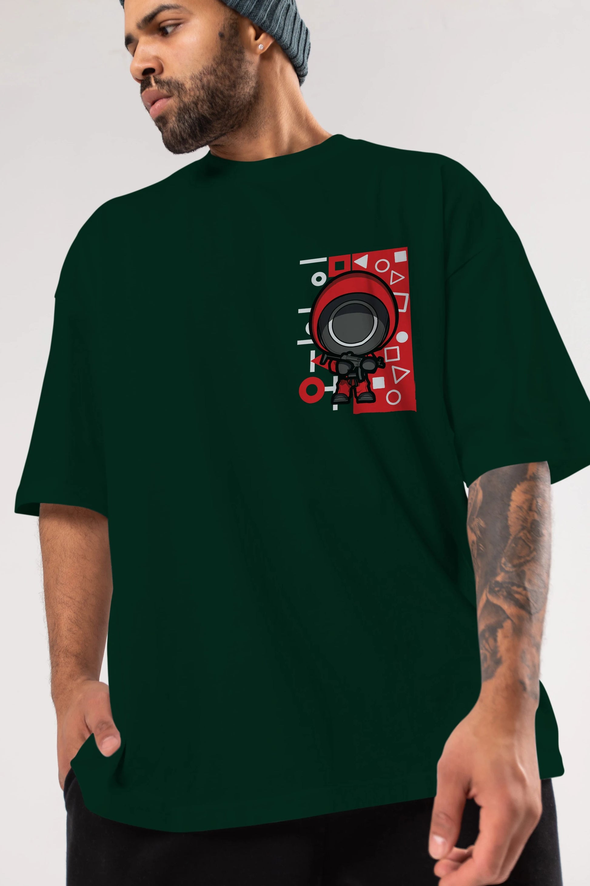 Squid Game (4) Ön Sol Baskılı Oversize t-shirt Erkek Kadın Unisex %100 Pamuk Bisiklet Yaka tişort