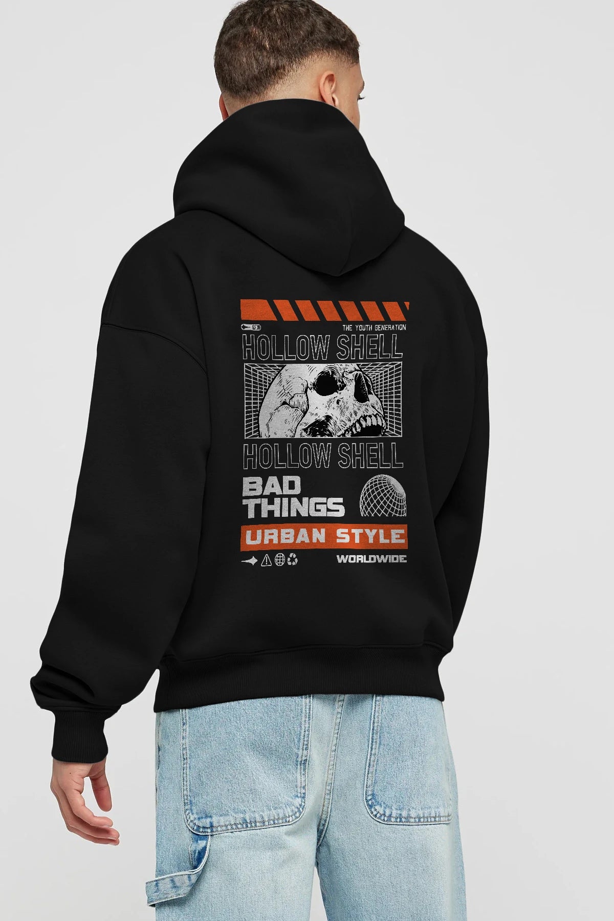 Hollow Shell Arka Baskılı Hoodie Oversize Kapüşonlu Sweatshirt Erkek Kadın Unisex