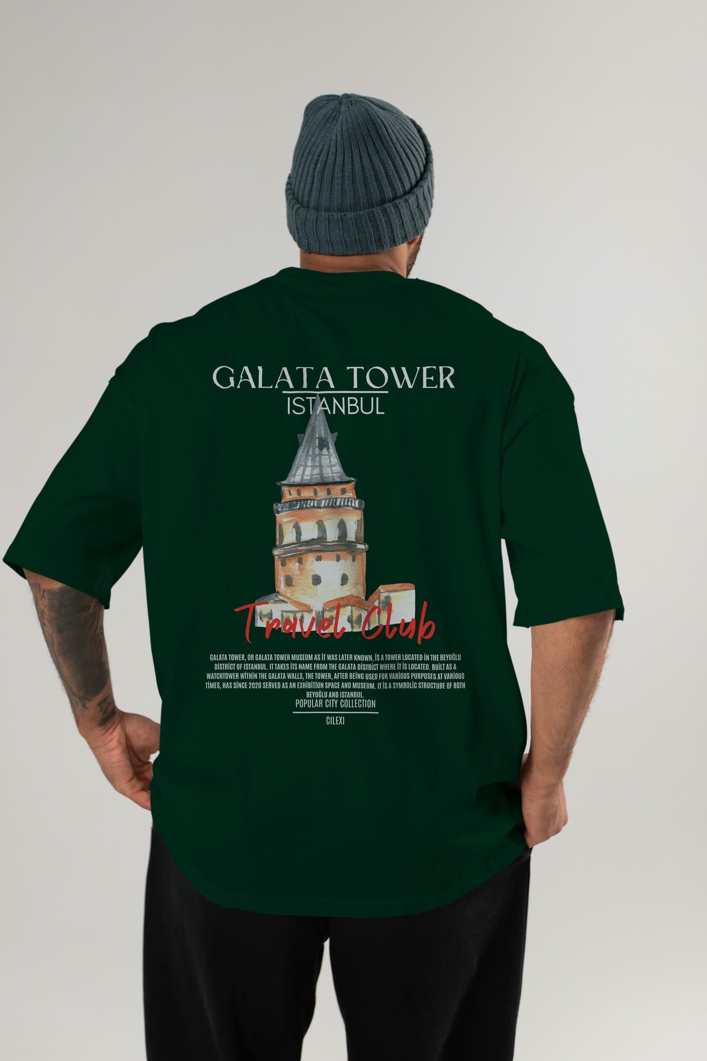 Galata Tower İstanbul Arka Baskılı Oversize t-shirt Erkek Kadın Pamuk Bisiklet Yaka tişort