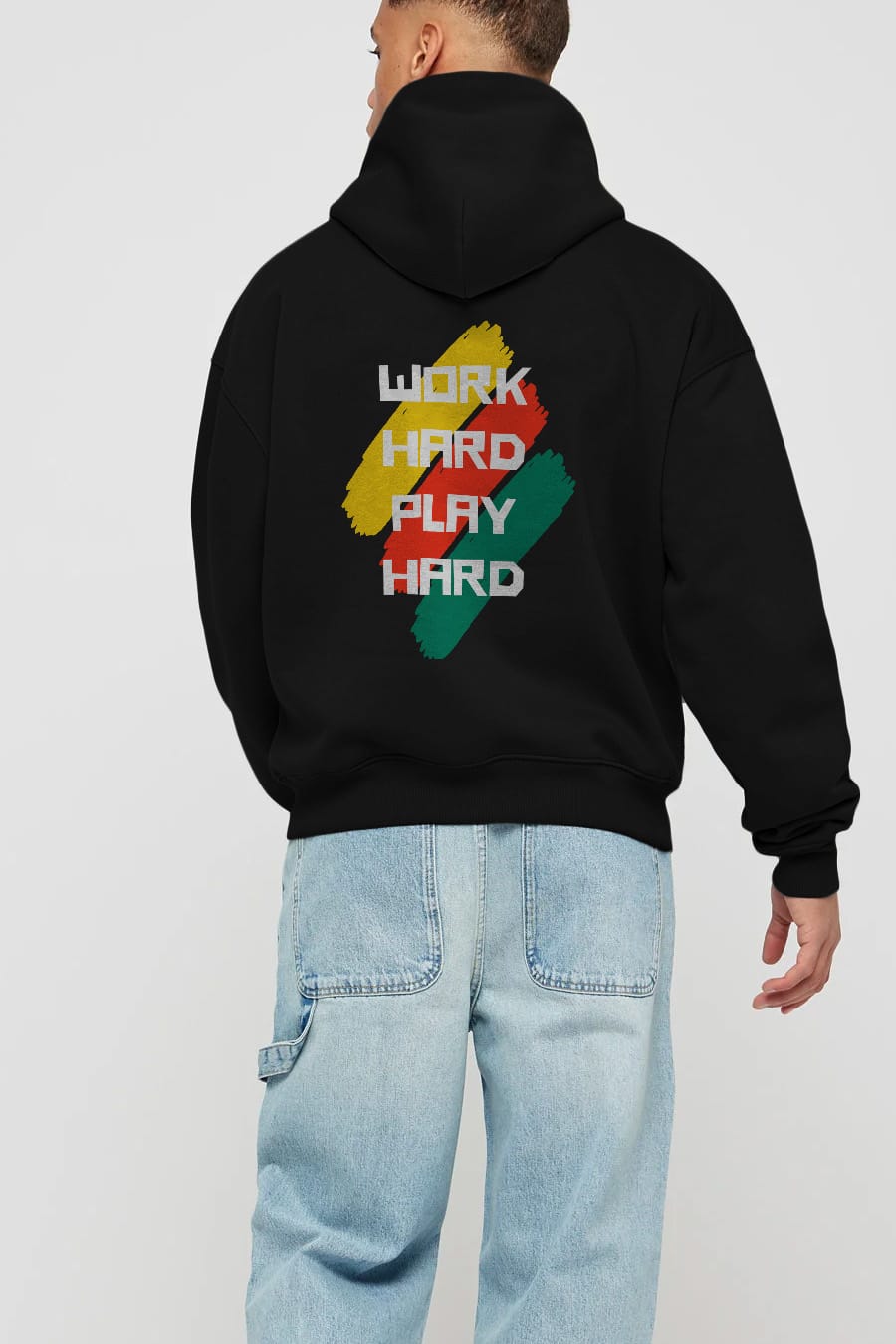 Work Hard Play Hard 2 Arka Baskılı Oversize Hoodie Kapüşonlu Sweatshirt Erkek Kadın Unisex
