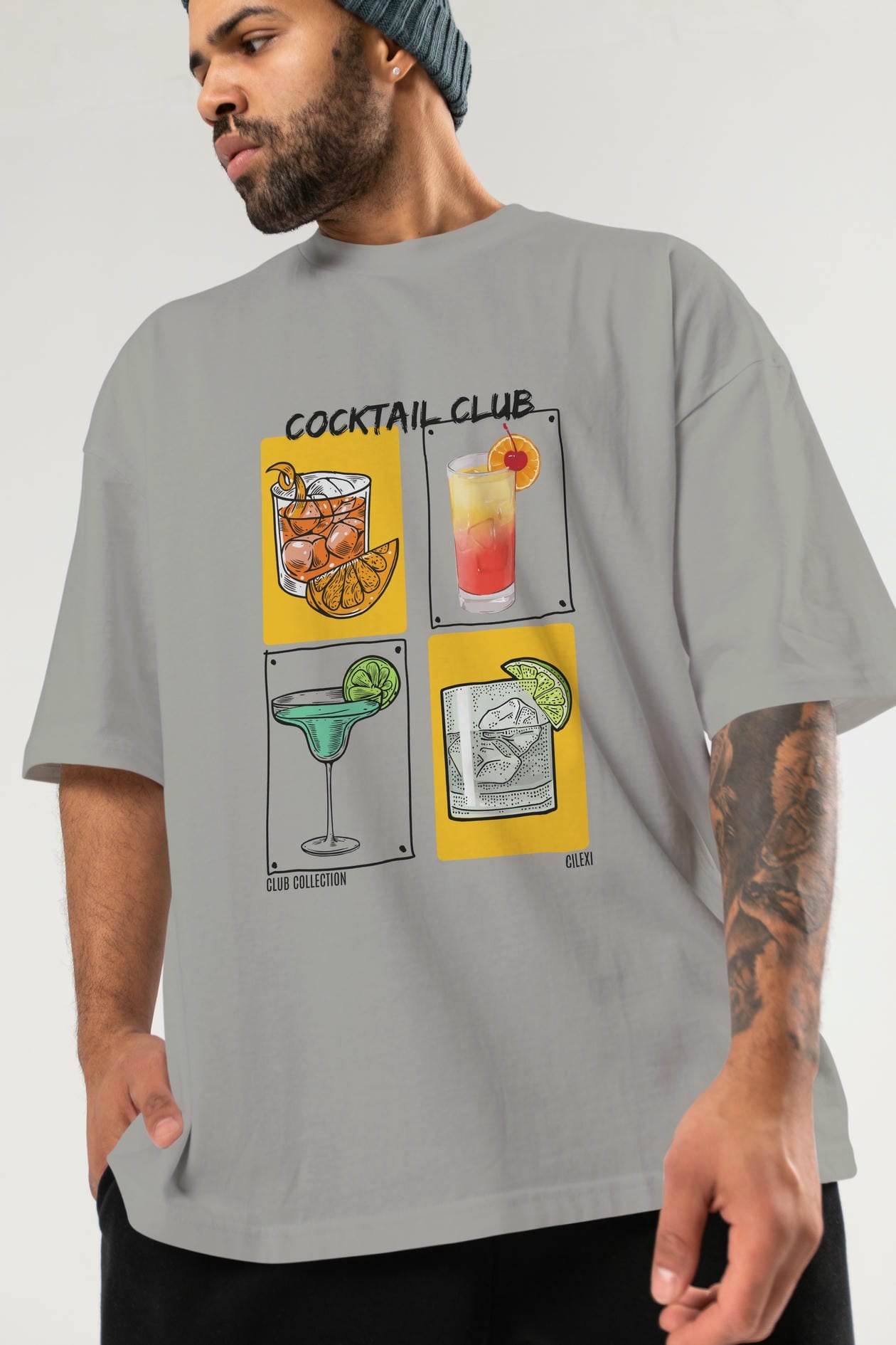Cocktail Club ön Baskılı Oversize t-shirt Erkek Kadın %100 Pamuk Bisiklet Yaka tişort