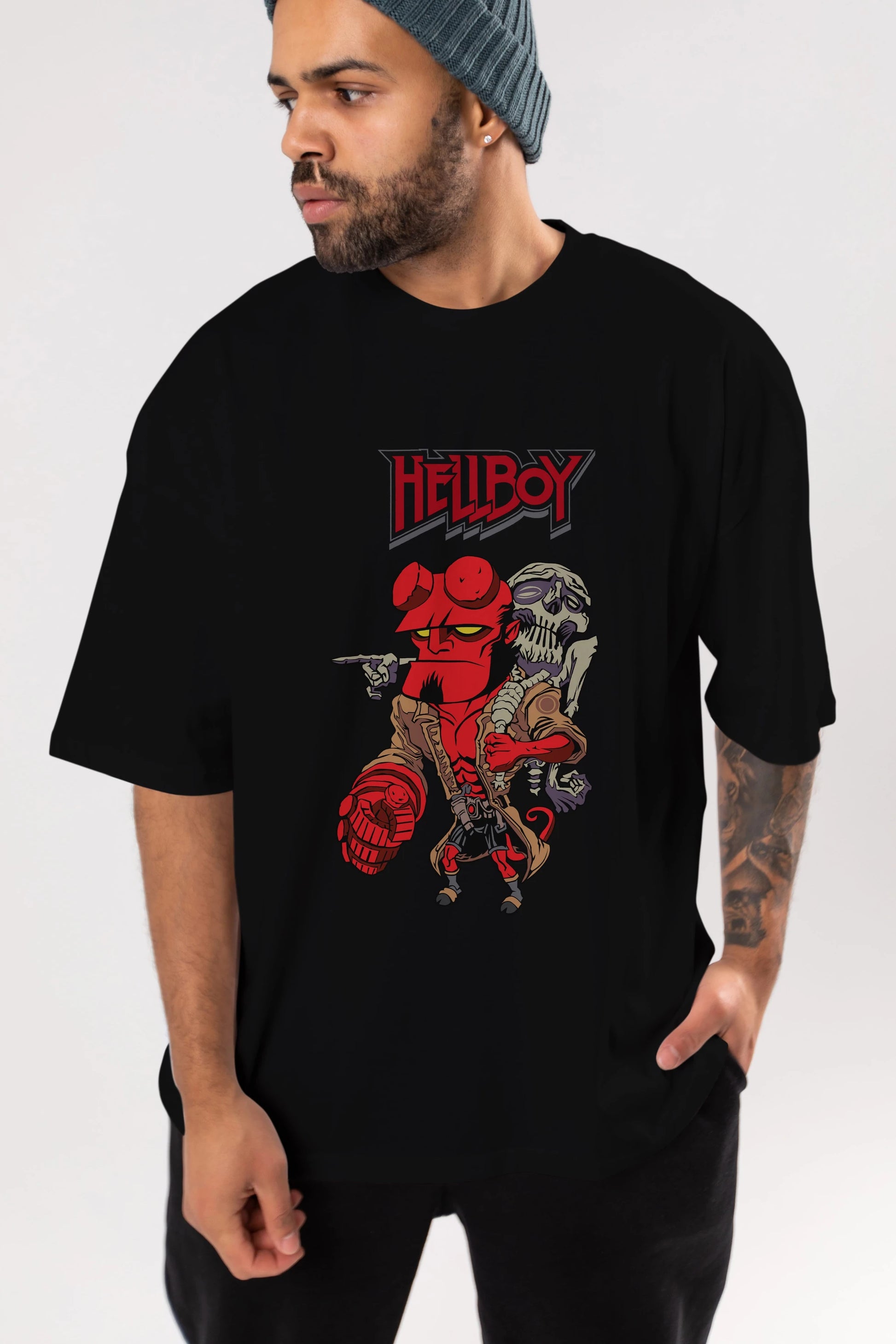 Hellboy (2) Ön Baskılı Oversize t-shirt Erkek Kadın Unisex %100 Pamuk Bisiklet Yaka tişort
