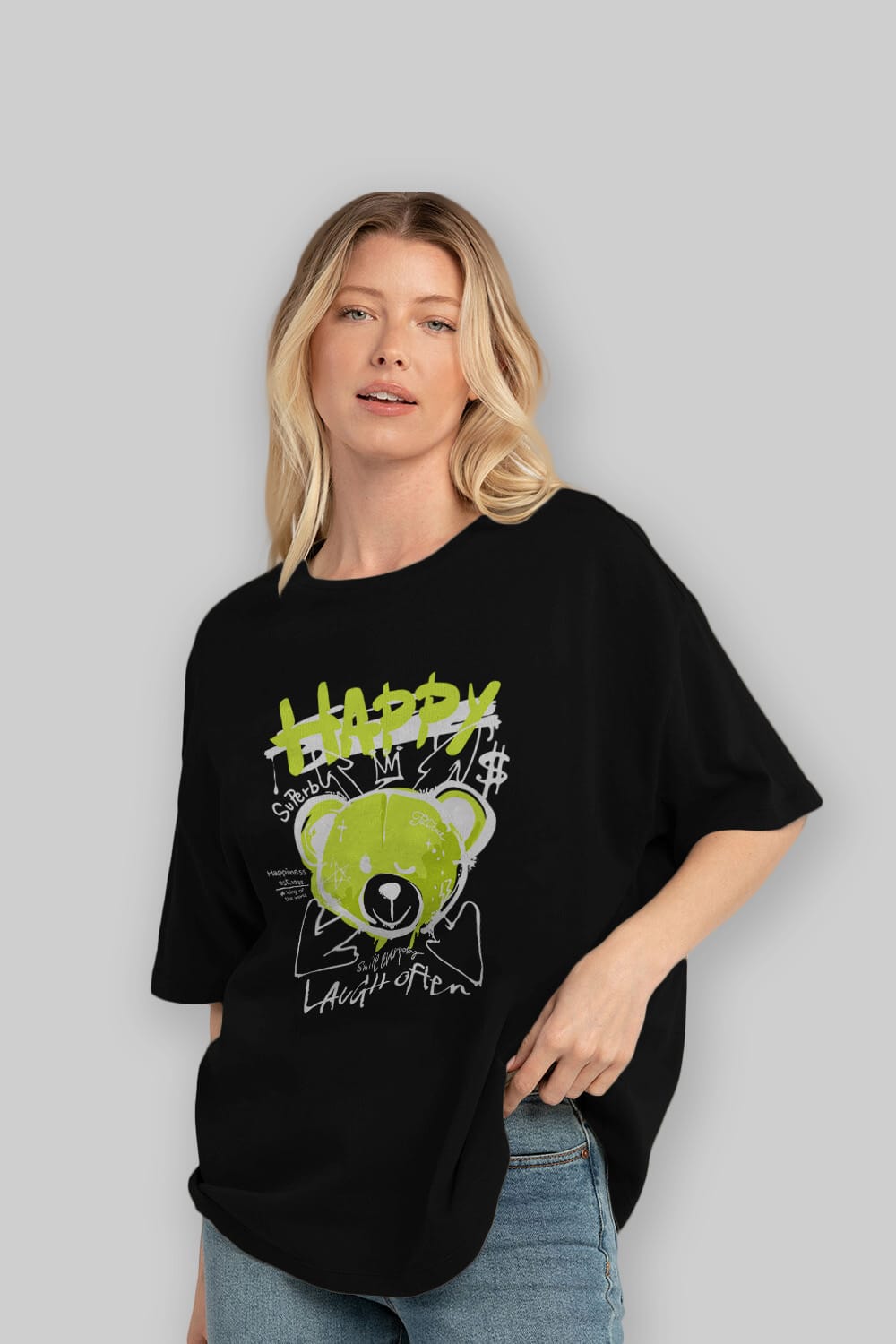 Happy Bear Ön Baskılı Oversize t-shirt Erkek Kadın Unisex