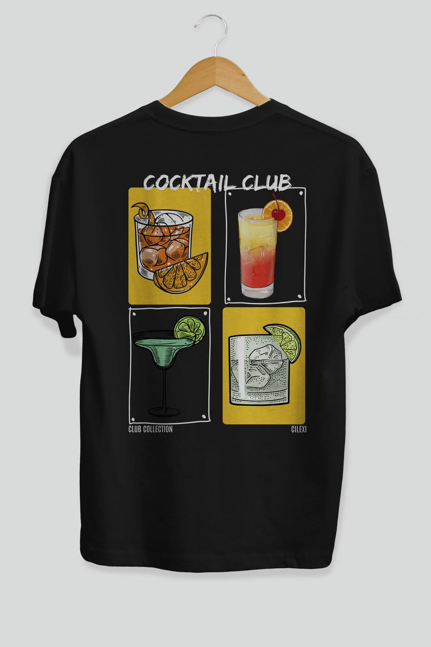 Cocktail Club Arka Baskılı Oversize t-shirt Erkek Kadın %100 Pamuk Bisiklet Yaka tişort