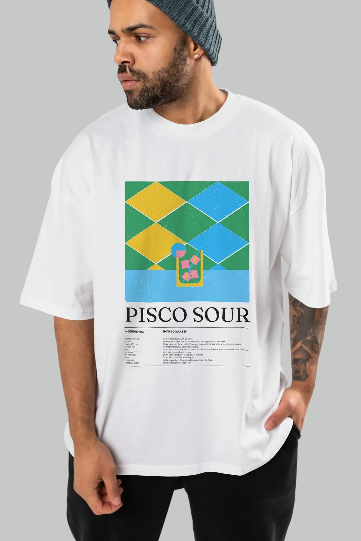 Pisco Sour Kokteyl Ön Baskılı Oversize t-shirt Erkek Kadın %100 Pamuk Bisiklet Yaka tişort
