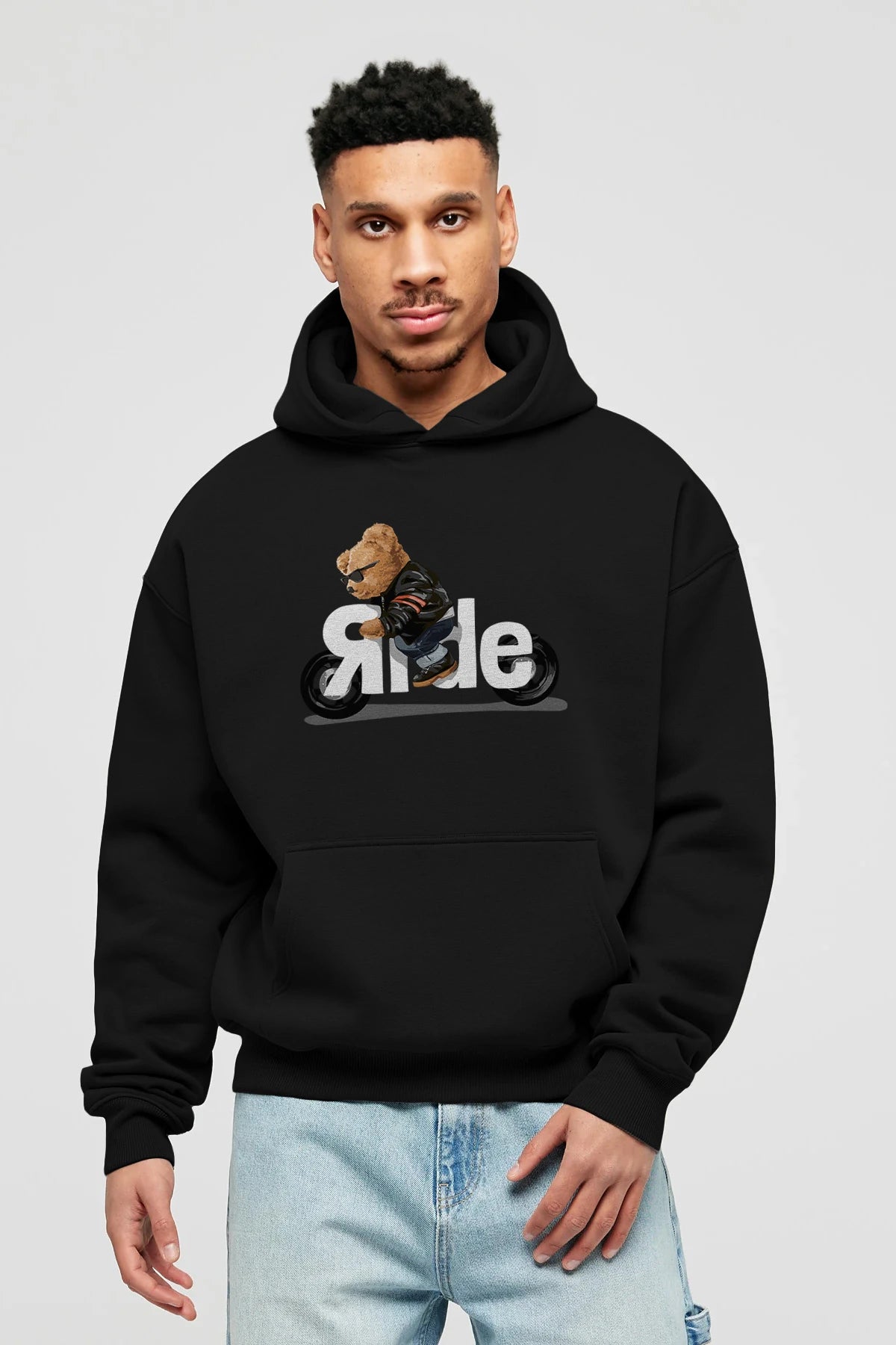 Teddy Bear Ride Ön Baskılı Hoodie Oversize Kapüşonlu Sweatshirt Erkek Kadın Unisex