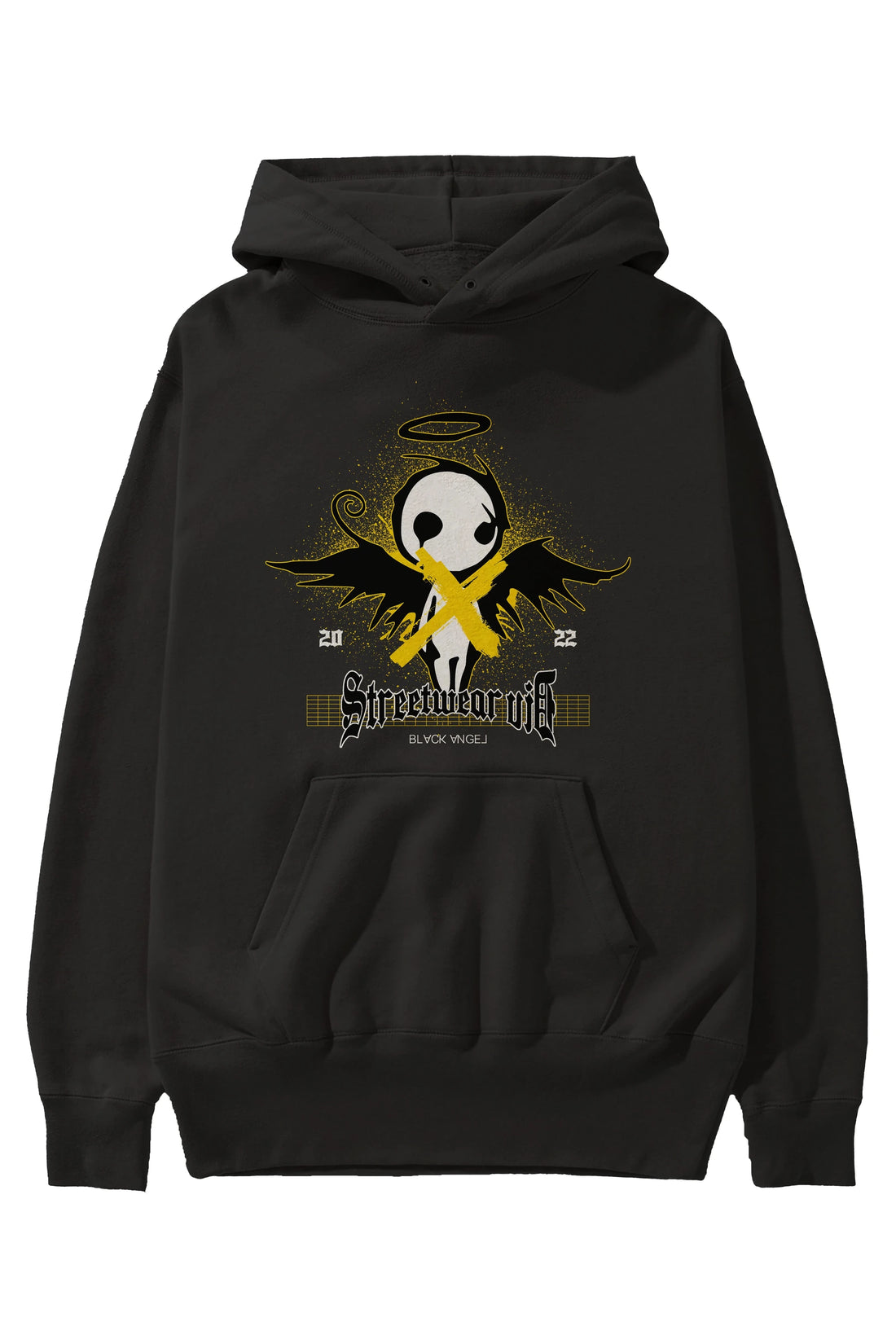 Black Angel Ön Baskılı Hoodie Oversize Kapüşonlu Sweatshirt Erkek Kadın Unisex