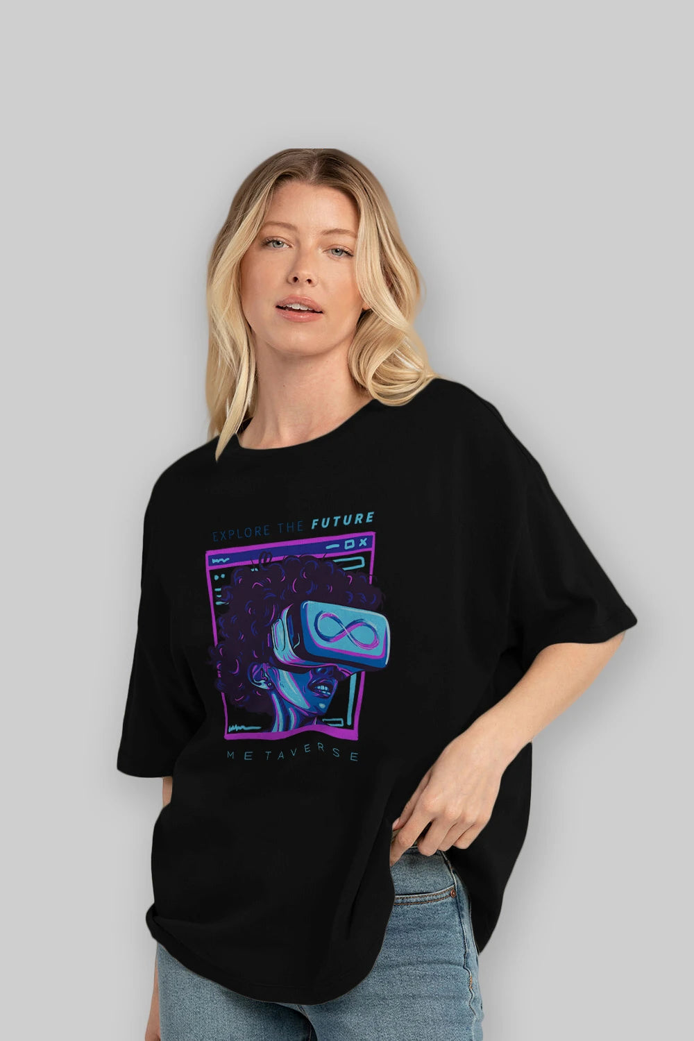 Metaverse Ön Baskılı Oversize t-shirt Erkek Kadın Unisex