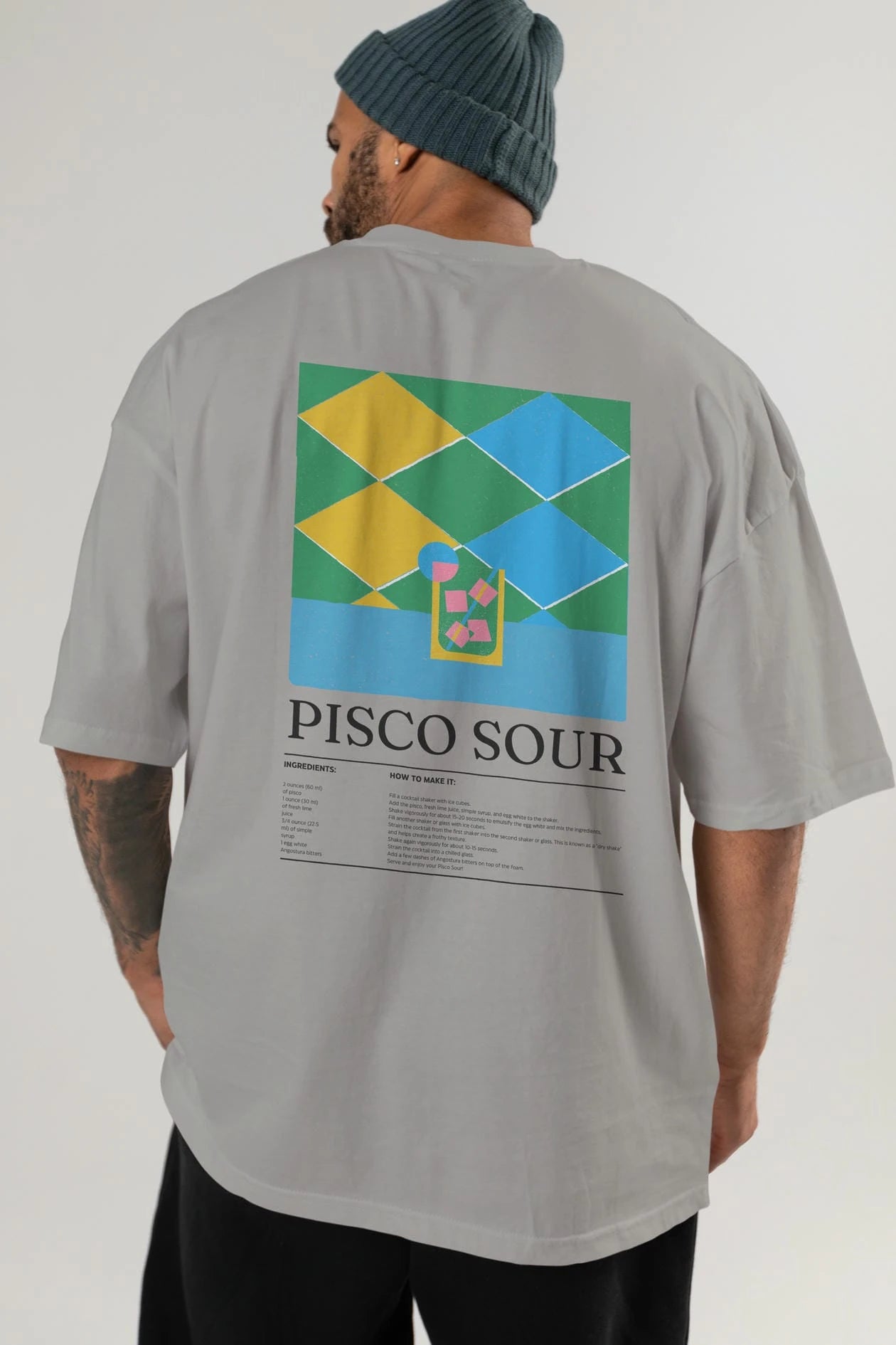 Pisco Sour Kokteyl Serisi Arka Baskılı Oversize t-shirt Erkek Kadın %100 Pamuk Bisiklet Yaka tişort
