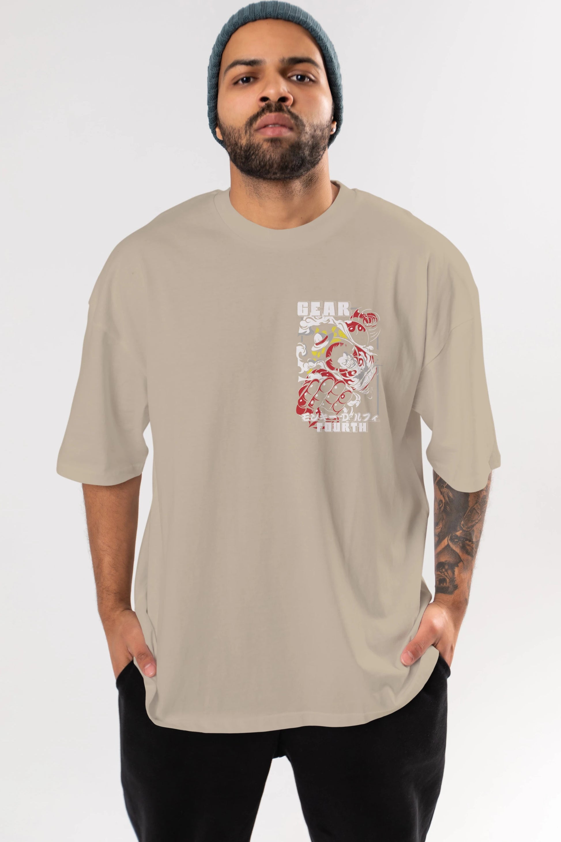 LUFFY gear fourth Ön Sol Baskılı Oversize t-shirt Erkek Kadın Unisex %100 Pamuk Bisiklet Yaka tişort