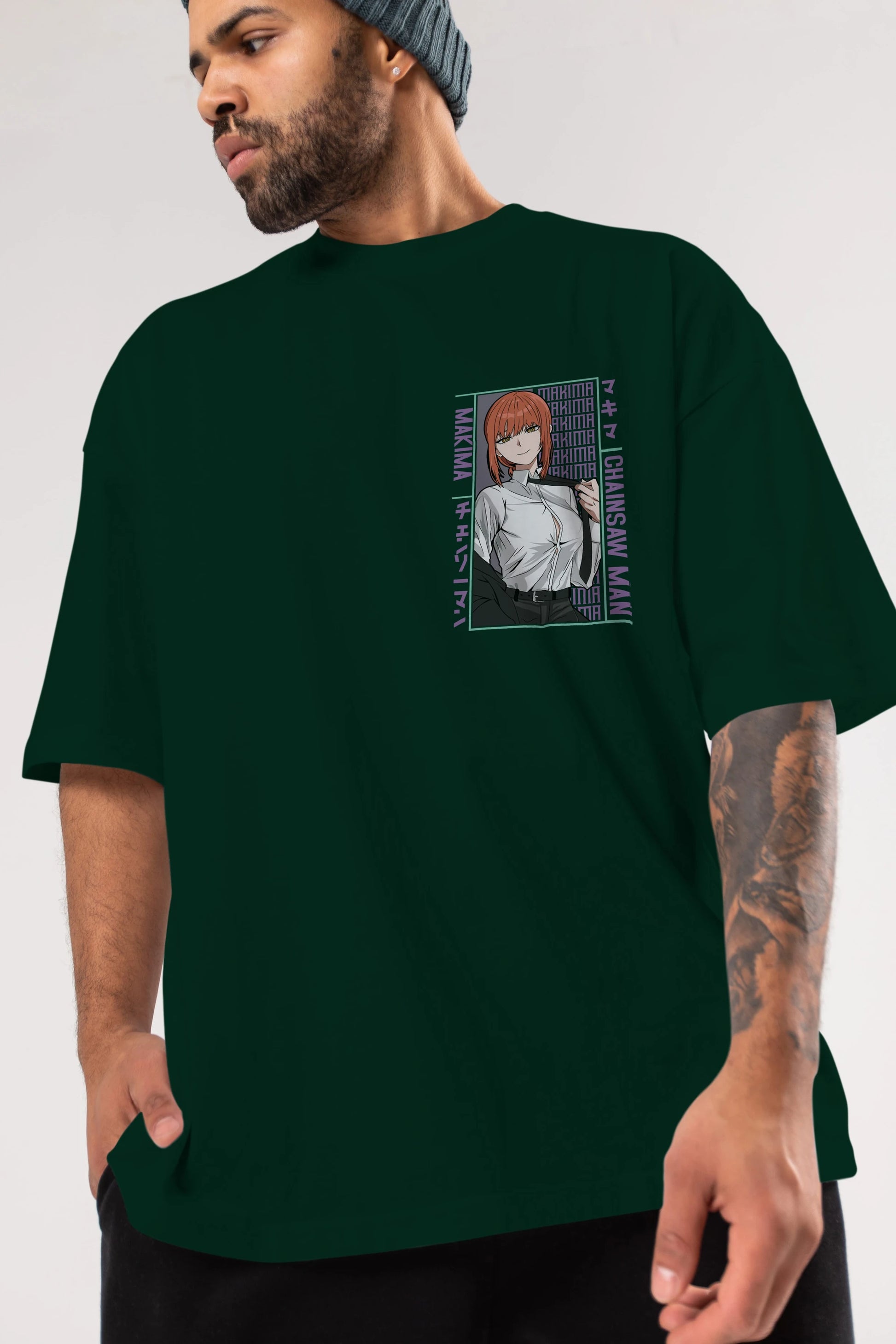 Makima Chain Saw Man Ön Sol Baskılı Oversize t-shirt Erkek Kadın Unisex %100 Pamuk Bisiklet Yaka tişort